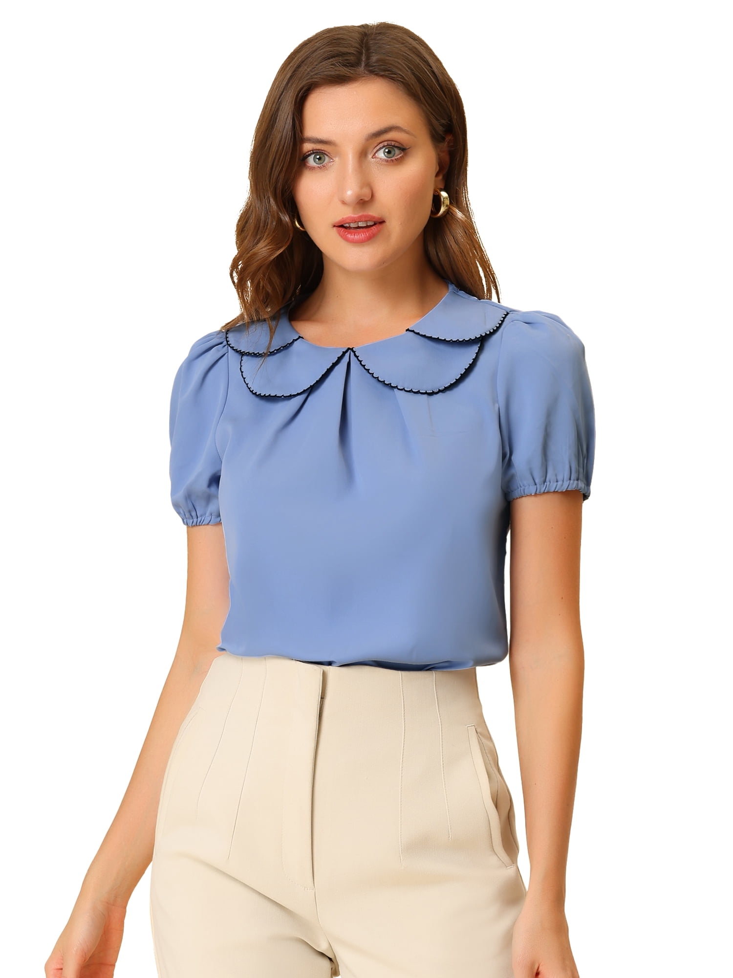 DARING DIVA Women's Retro Puff Sleeve Peter Pan Collar Blouse Top XL Blue