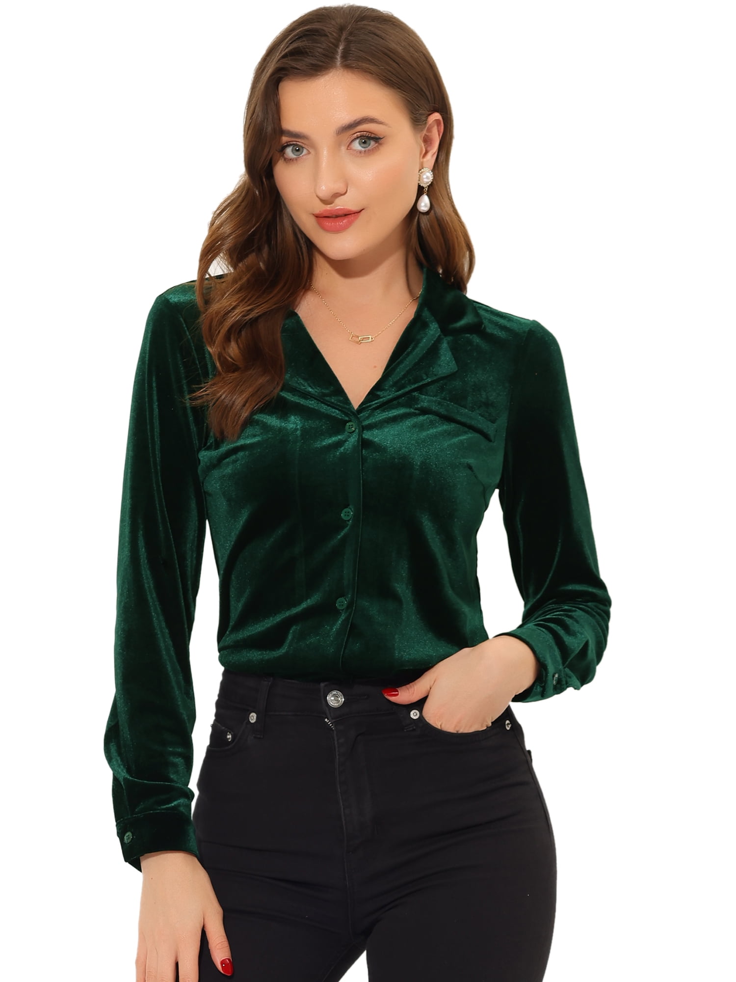 DARING DIVA Women's Retro Velvet V Neck Long Sleeve Button Down Shirt M Dark Green