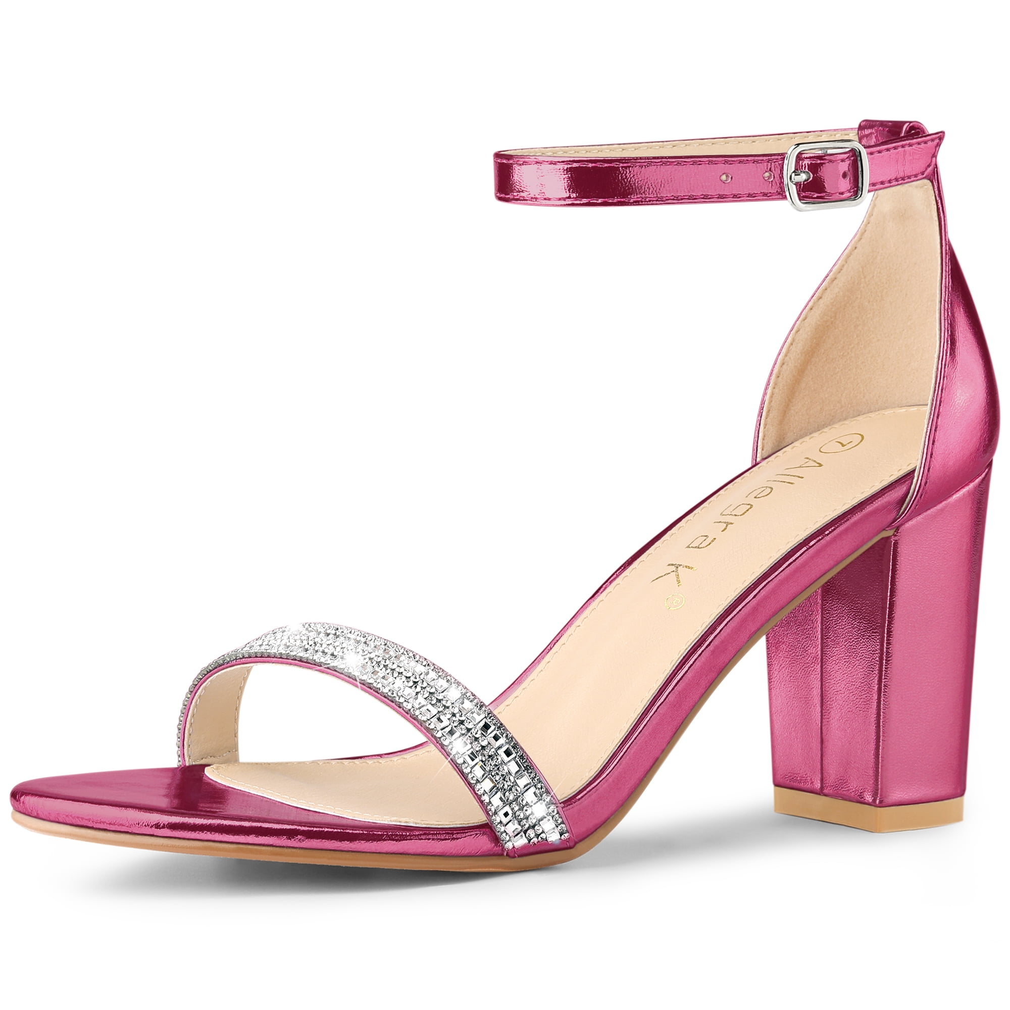 DARING DIVA Women's Rhinestone Ankle Strap Chunky Heels Sandals Hot Pink 8