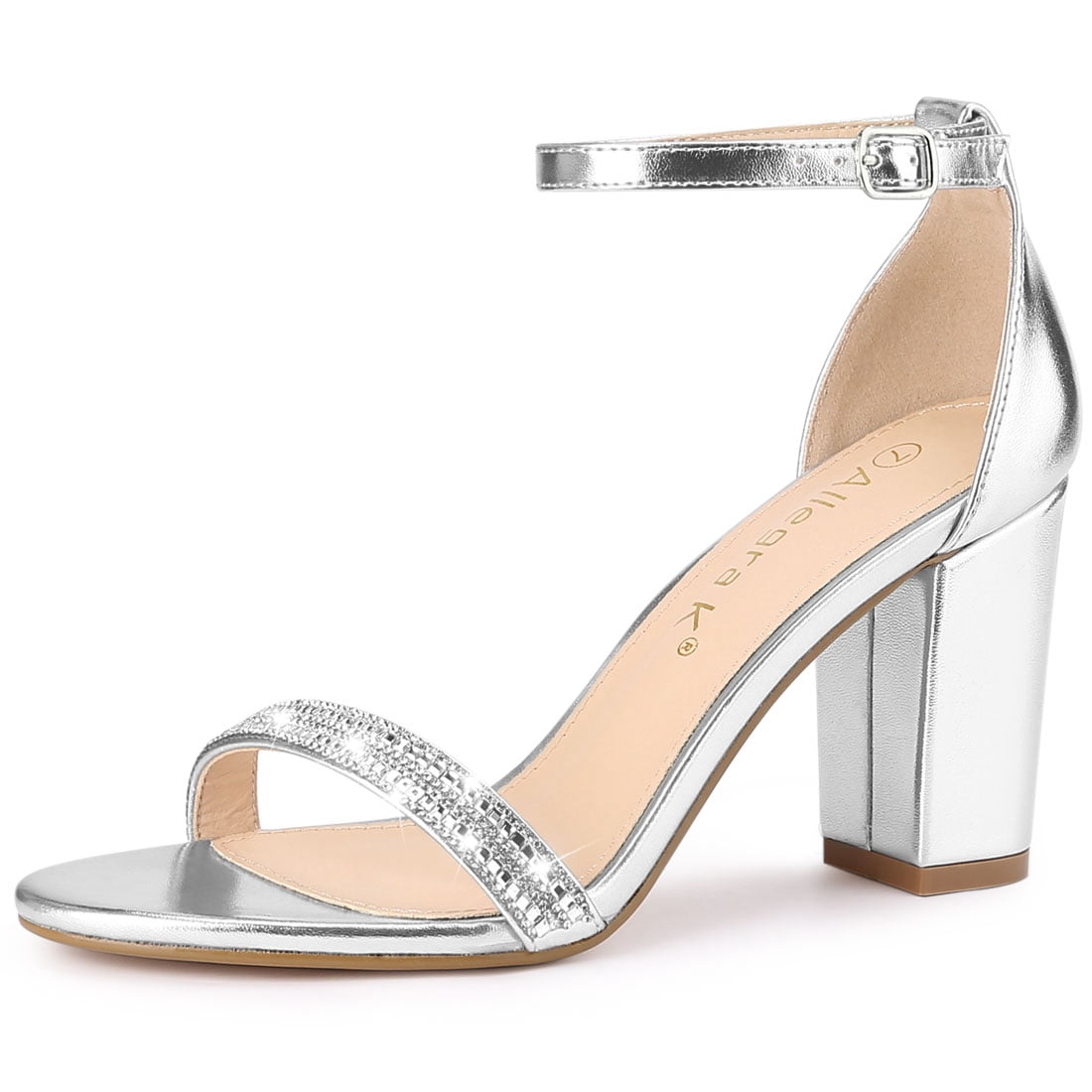 DARING DIVA Women's Rhinestone Ankle Strap Chunky Heels Sandals Silver 9