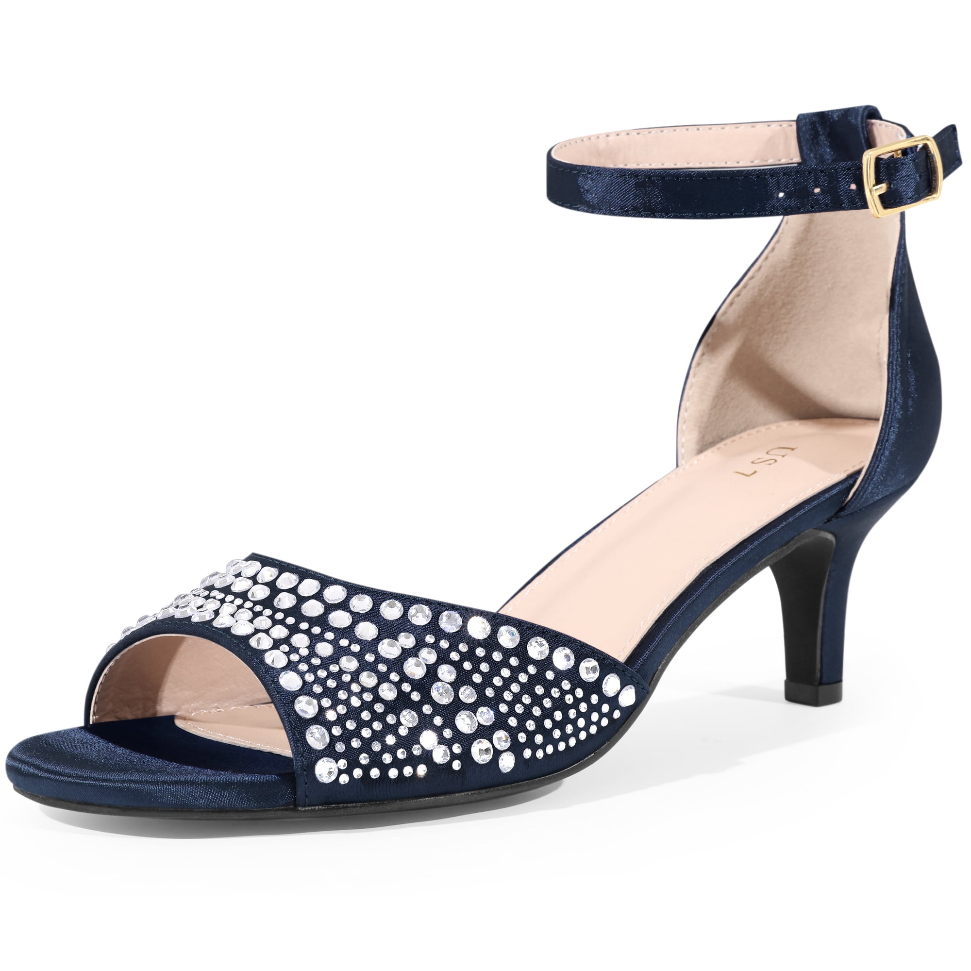 DARING DIVA Women's Rhinestone Ankle Strap Kitten Heel Satin Sandals Dark Blue 7.5