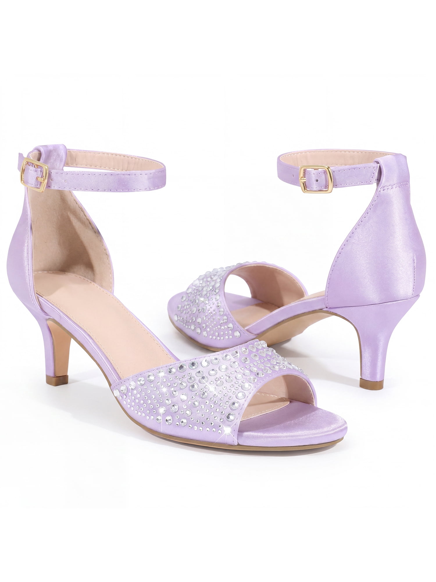DARING DIVA Women's Rhinestone Ankle Strap Kitten Heel Satin Sandals Purple 6