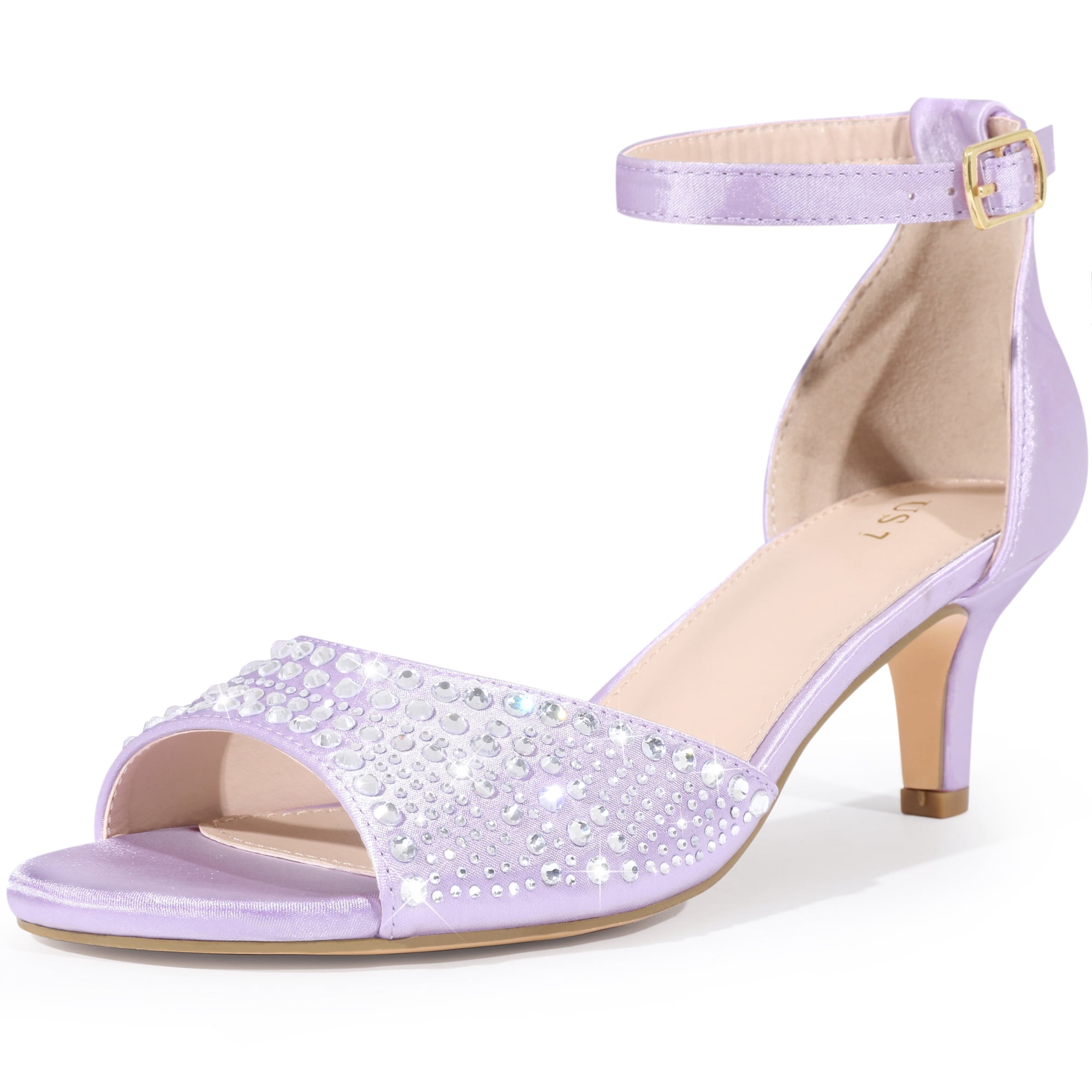 DARING DIVA Women's Rhinestone Ankle Strap Kitten Heel Satin Sandals Purple 9