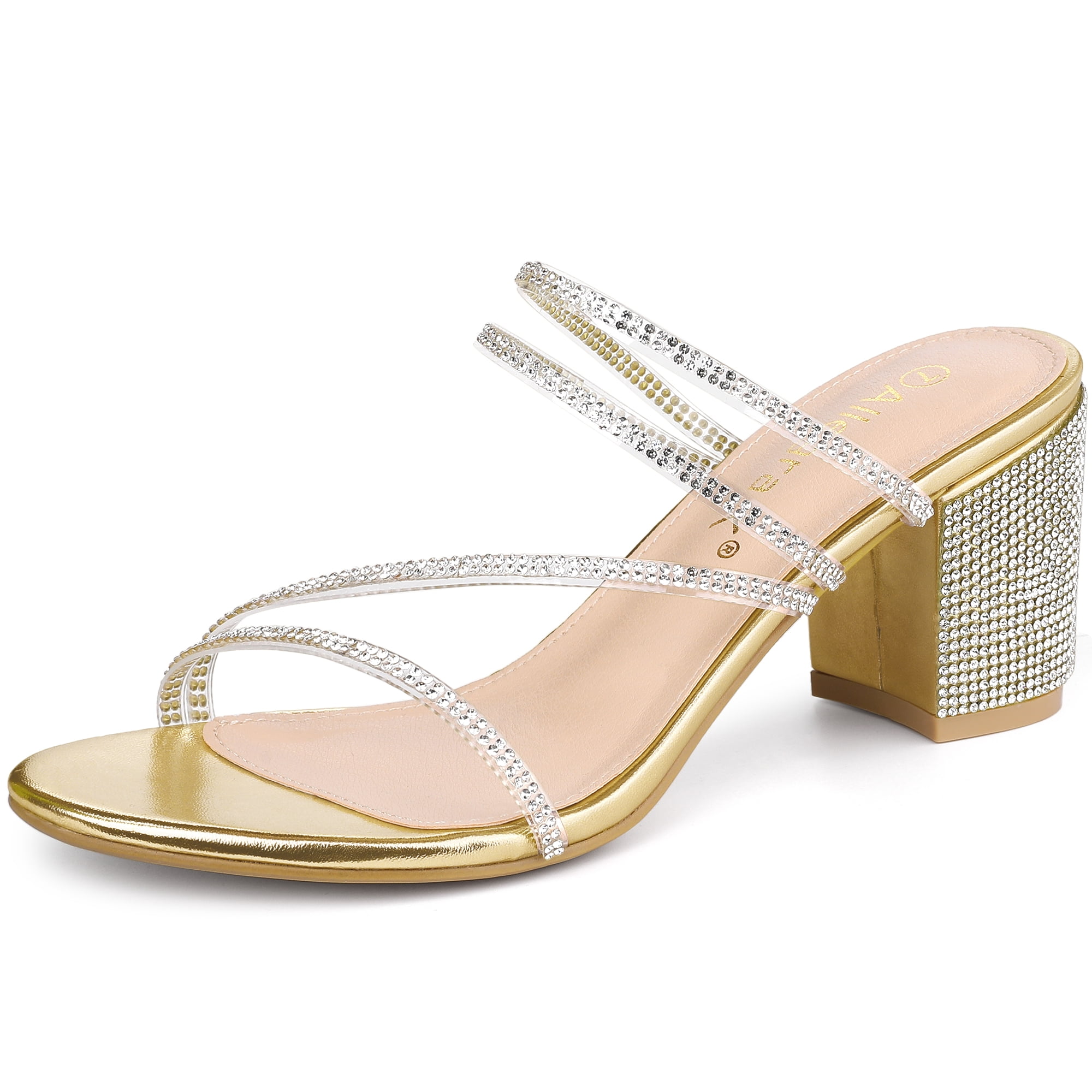 DARING DIVA Women's Rhinestone Block Heel Slide Sandals Gold 6