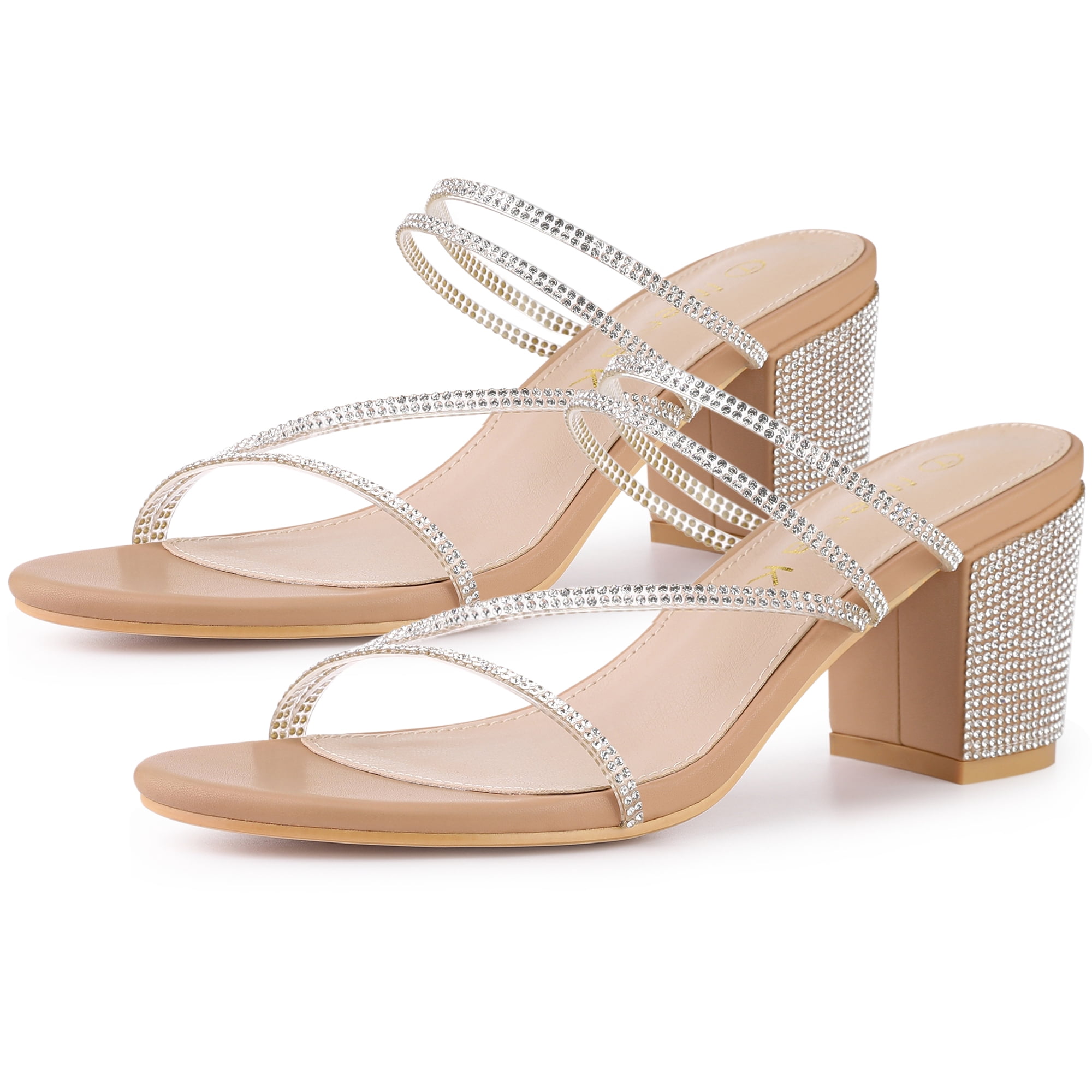 DARING DIVA Women's Rhinestone Block Heel Slide Sandals Nude 10