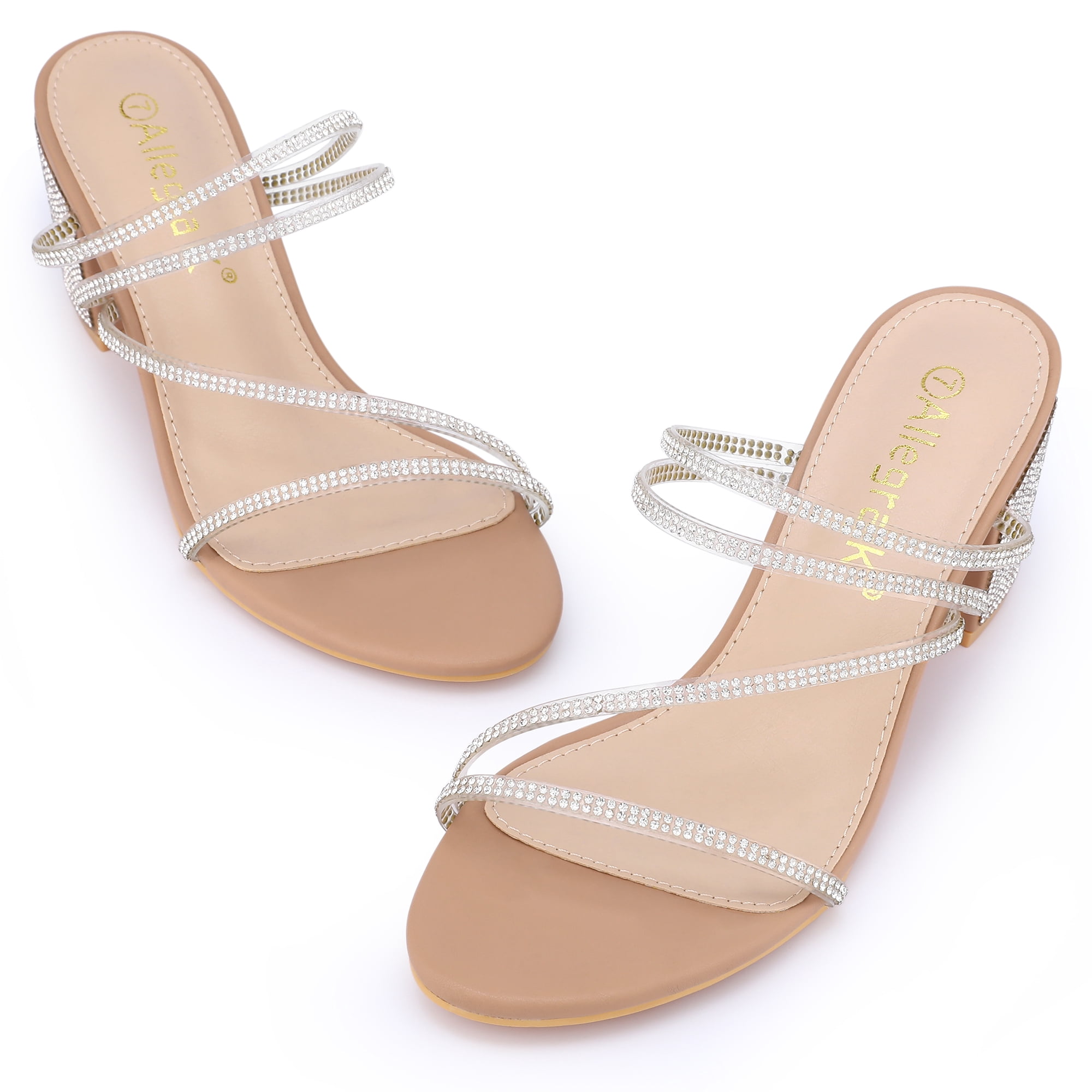 DARING DIVA Women's Rhinestone Block Heel Slide Sandals Nude 5