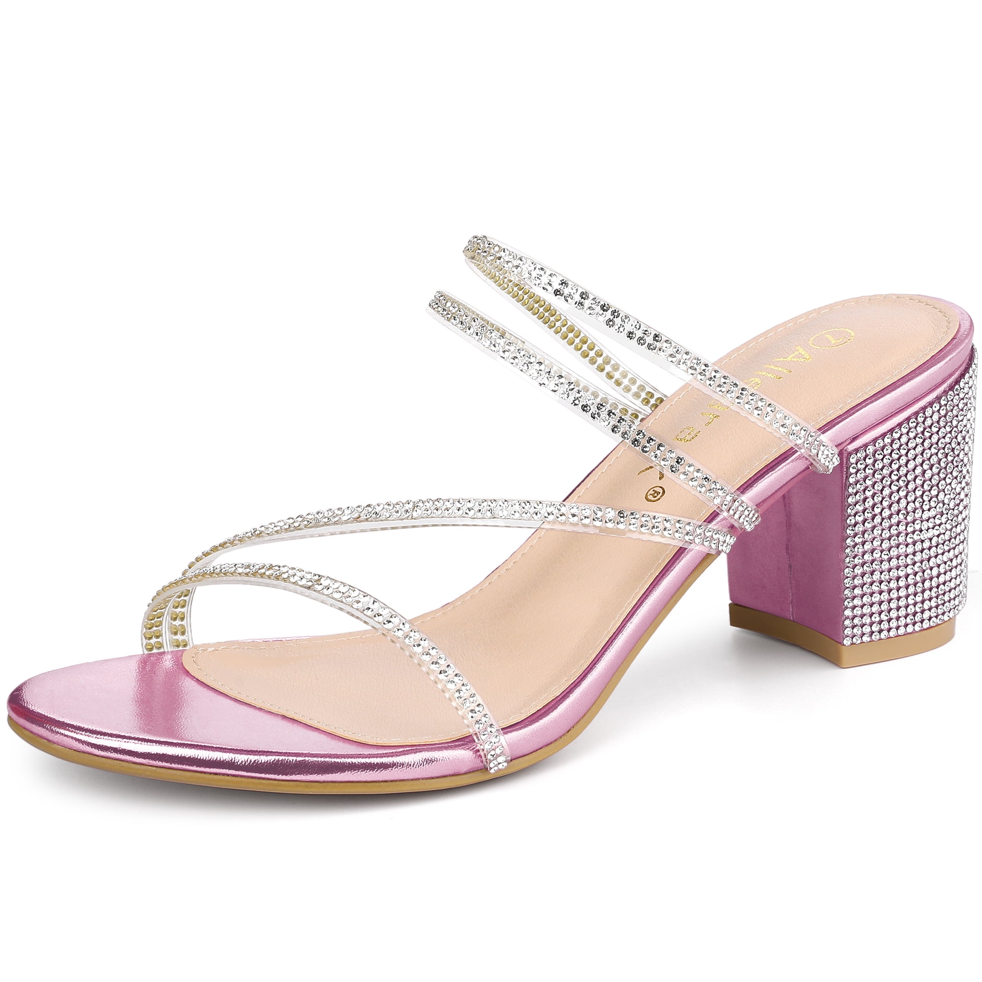 DARING DIVA Women's Rhinestone Block Heel Slide Sandals Pink 8