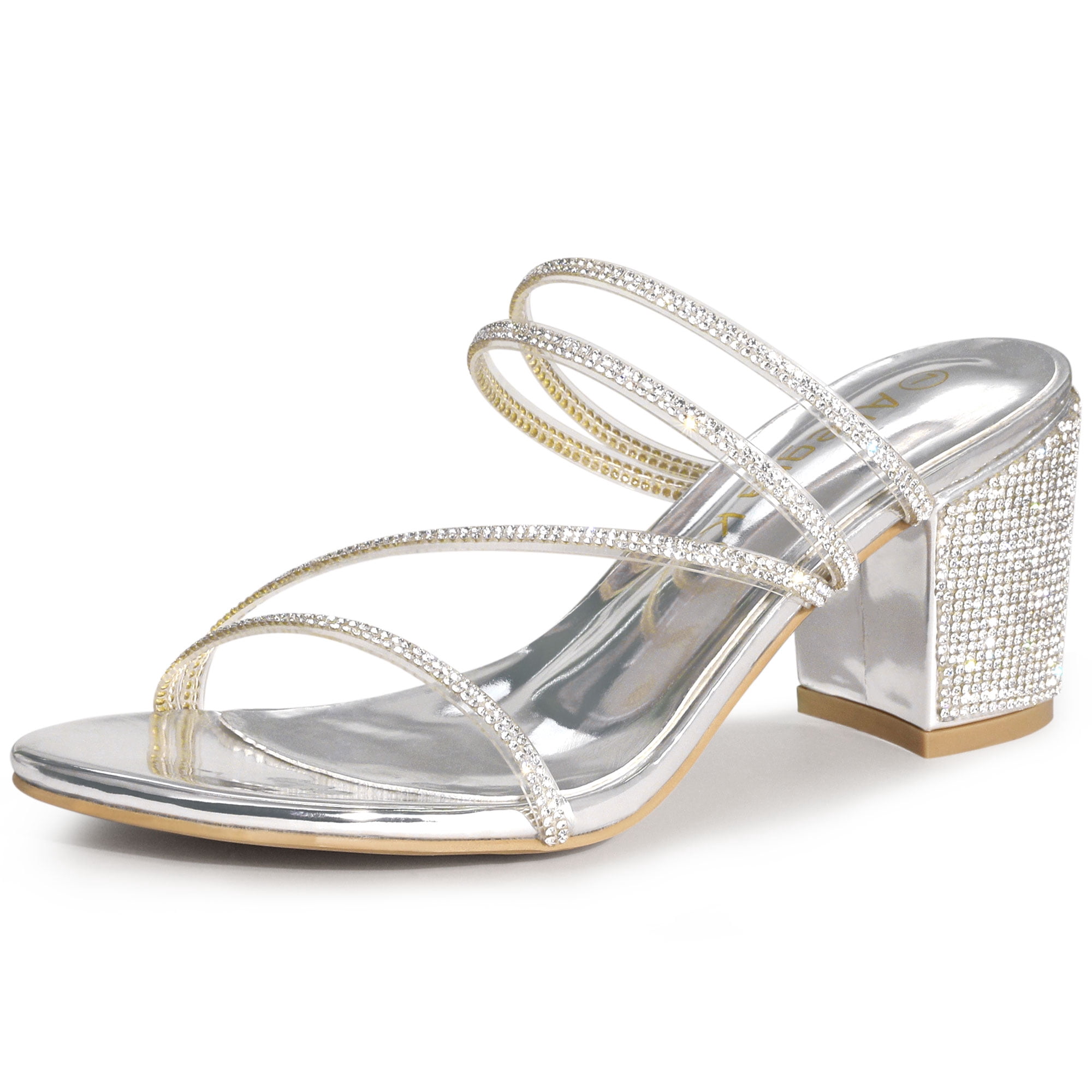 DARING DIVA Women's Rhinestone Block Heel Slide Sandals Silver 6