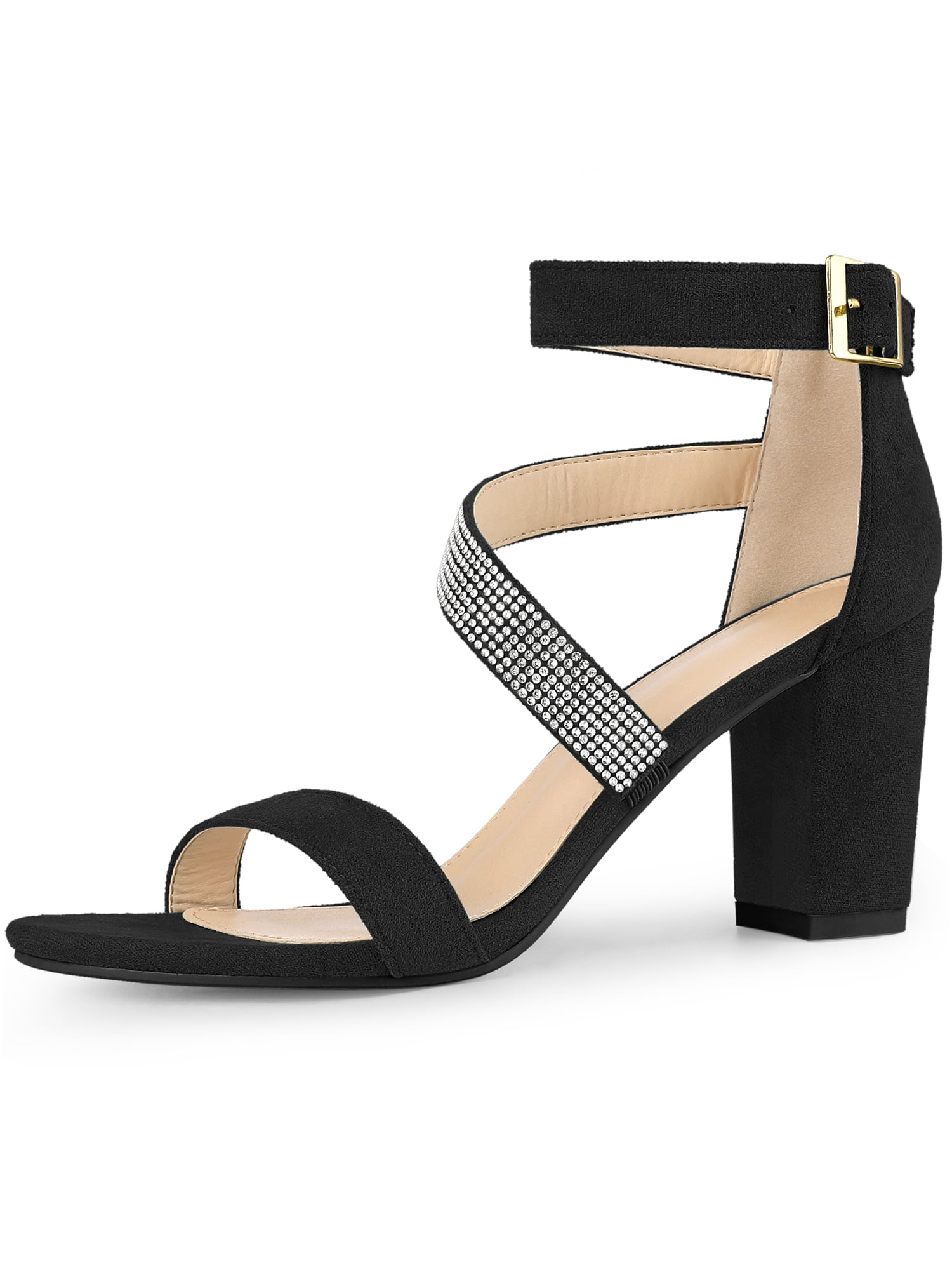 DARING DIVA Women's Rhinestone Block Heels Sandals for Casual and Party Black 8