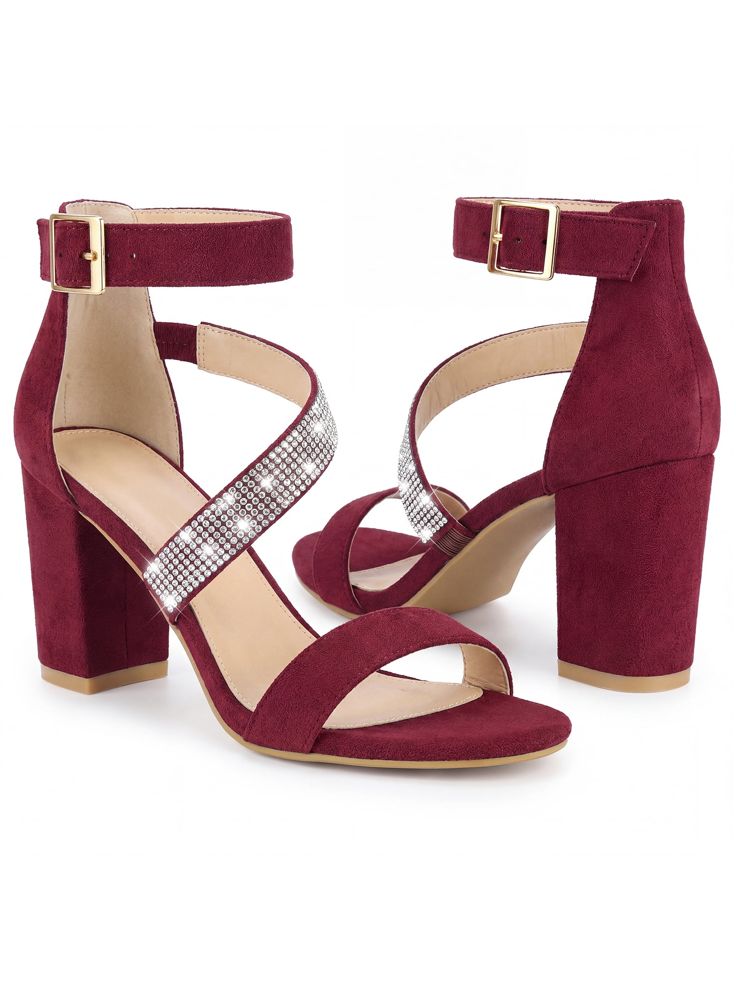 DARING DIVA Women's Rhinestone Block Heels Sandals for Casual and Party Burgundy 6.5