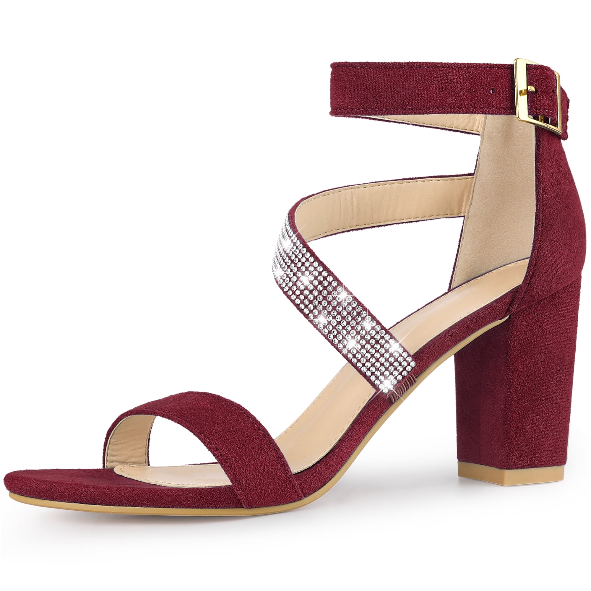 DARING DIVA Women's Rhinestone Block Heels Sandals for Casual and Party Burgundy 8