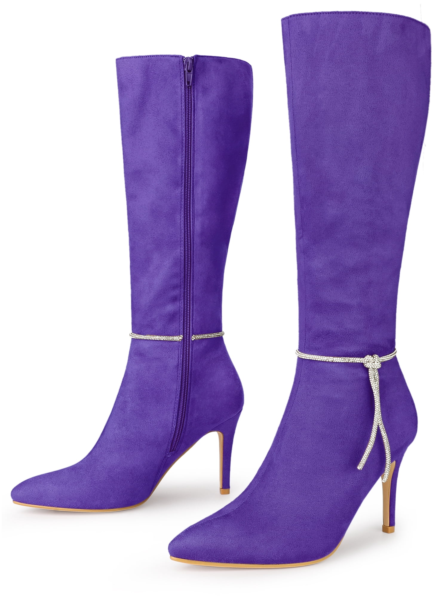 DARING DIVA Women's Rhinestone Chain Pointed Toe Stiletto Heels Boots Dark Purple 9