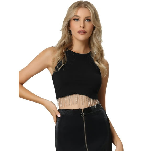DARING DIVA Women's Rhinestone Fringe Tassel Trim Racerback Tank Top XL Black