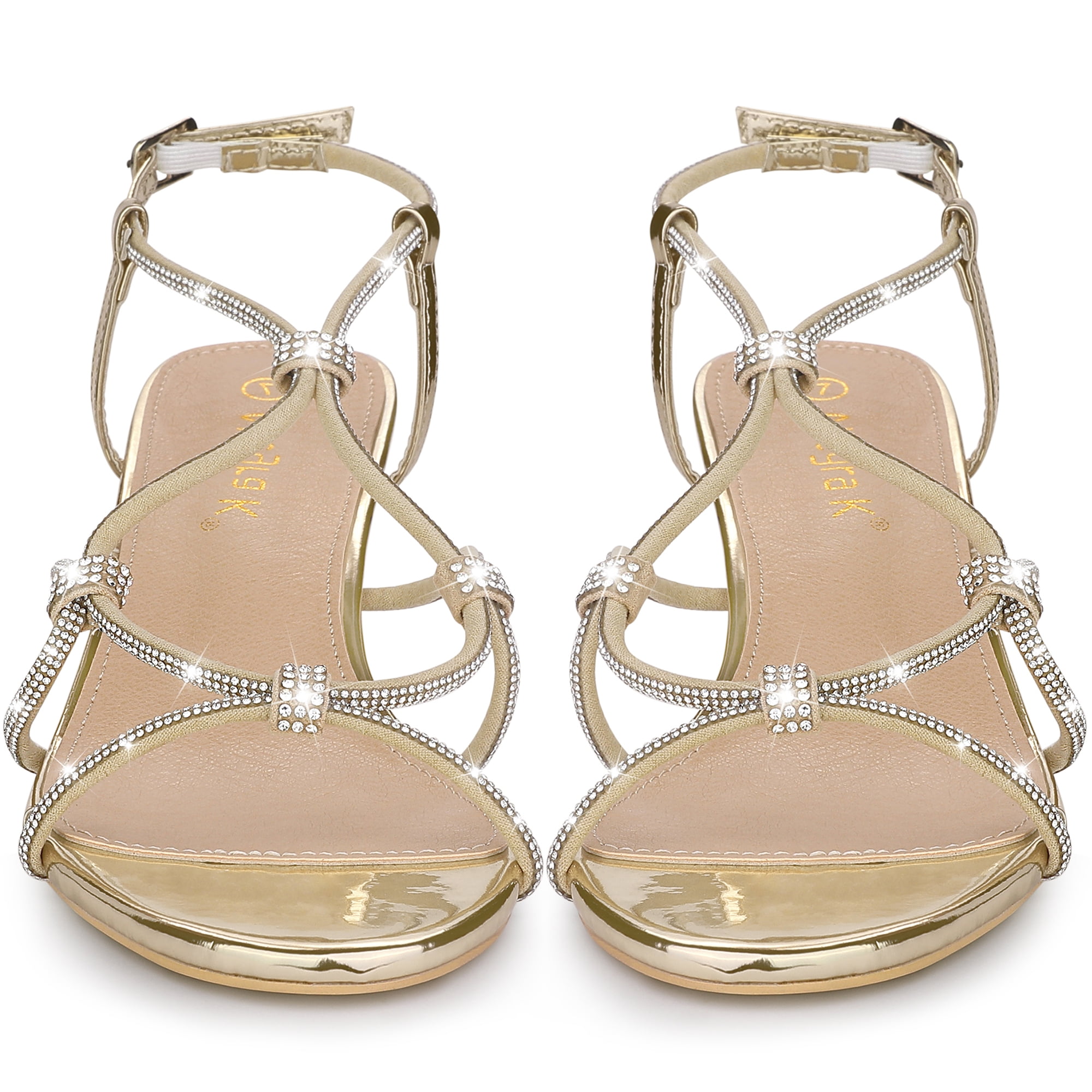 DARING DIVA Women's Rhinestone Strap Slingback Kitten Heels Sandals Gold 8.5