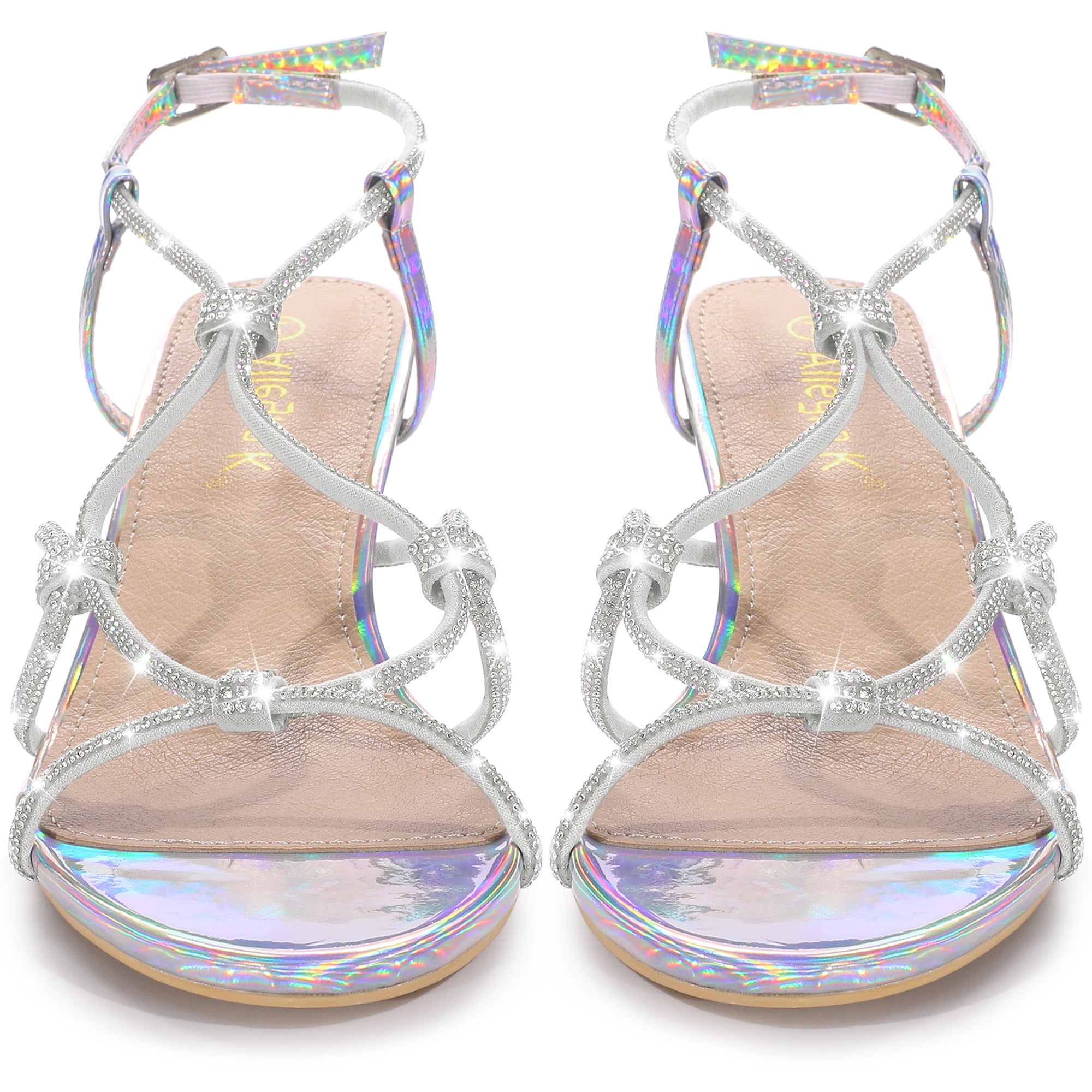 DARING DIVA Women's Rhinestone Strap Slingback Kitten Heels Sandals Silver 7