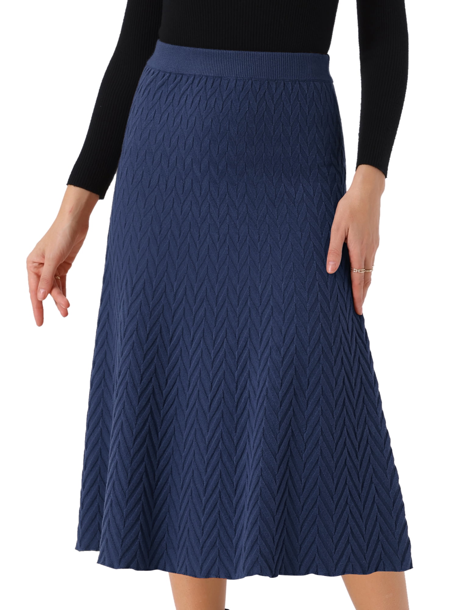 DARING DIVA Women's A-Line Skirts Stretchy Sweater Midi Skirt L Navy Blue
