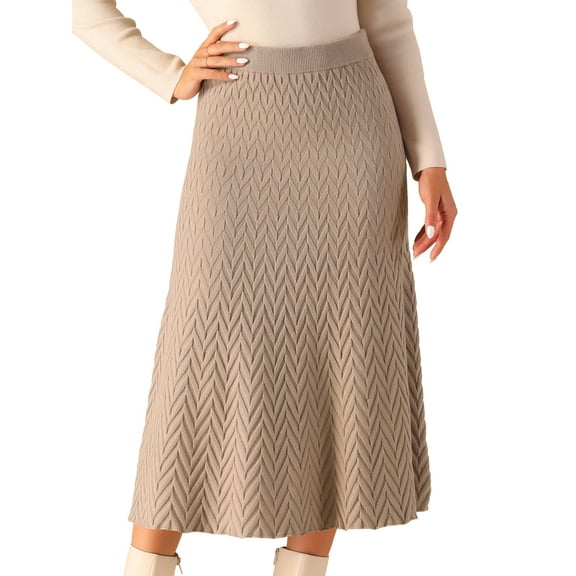 DARING DIVA Women's Ribbed Knit A-Line Skirts Stretchy Sweater Midi Skirt M Brown
