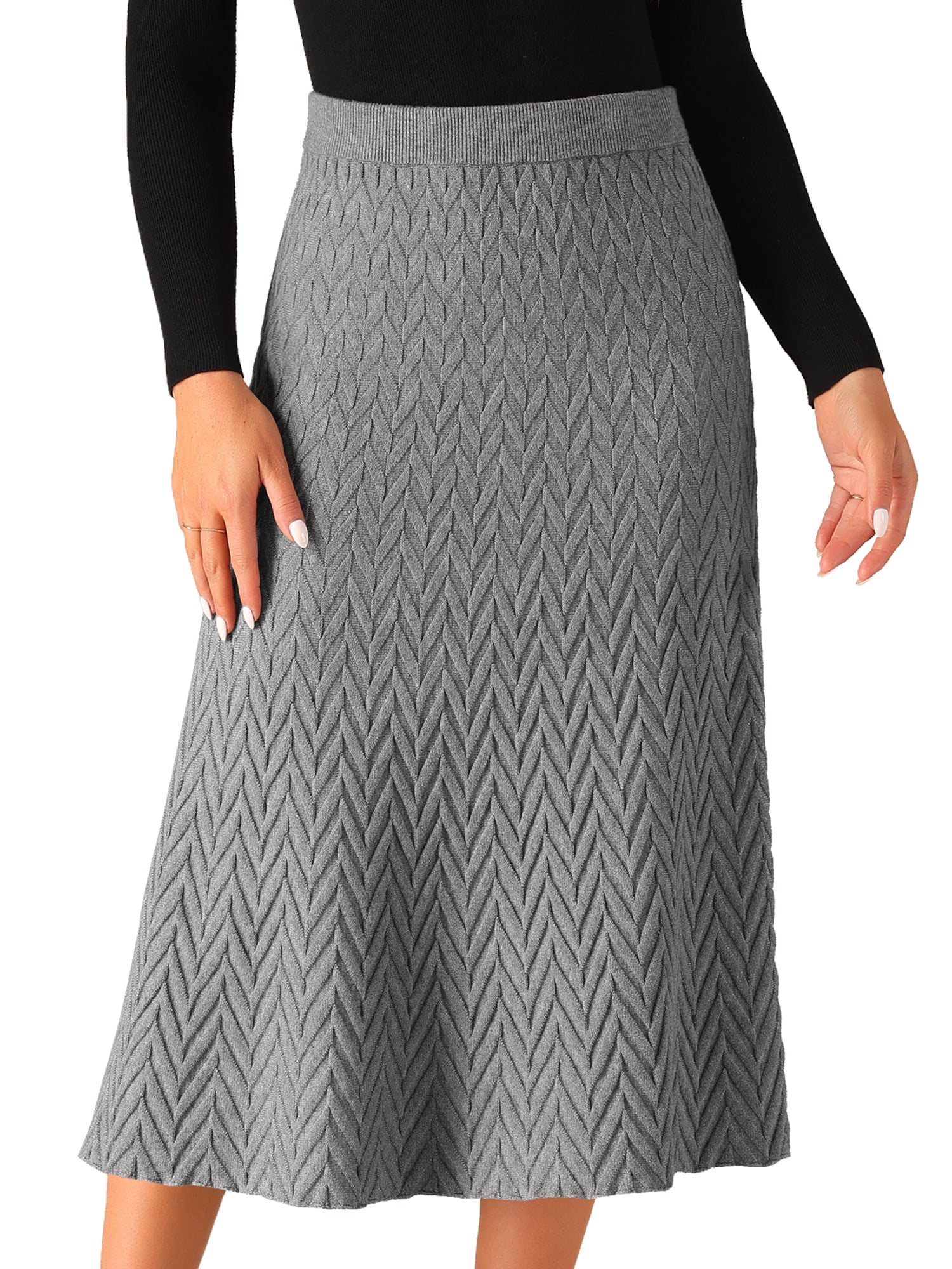 DARING DIVA Women's A-Line Skirts Stretchy Sweater Midi Skirt M Grey