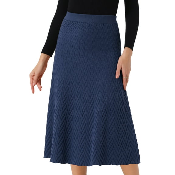 DARING DIVA Women's Ribbed Knit A-Line Skirts Stretchy Sweater Midi Skirt M Navy Blue