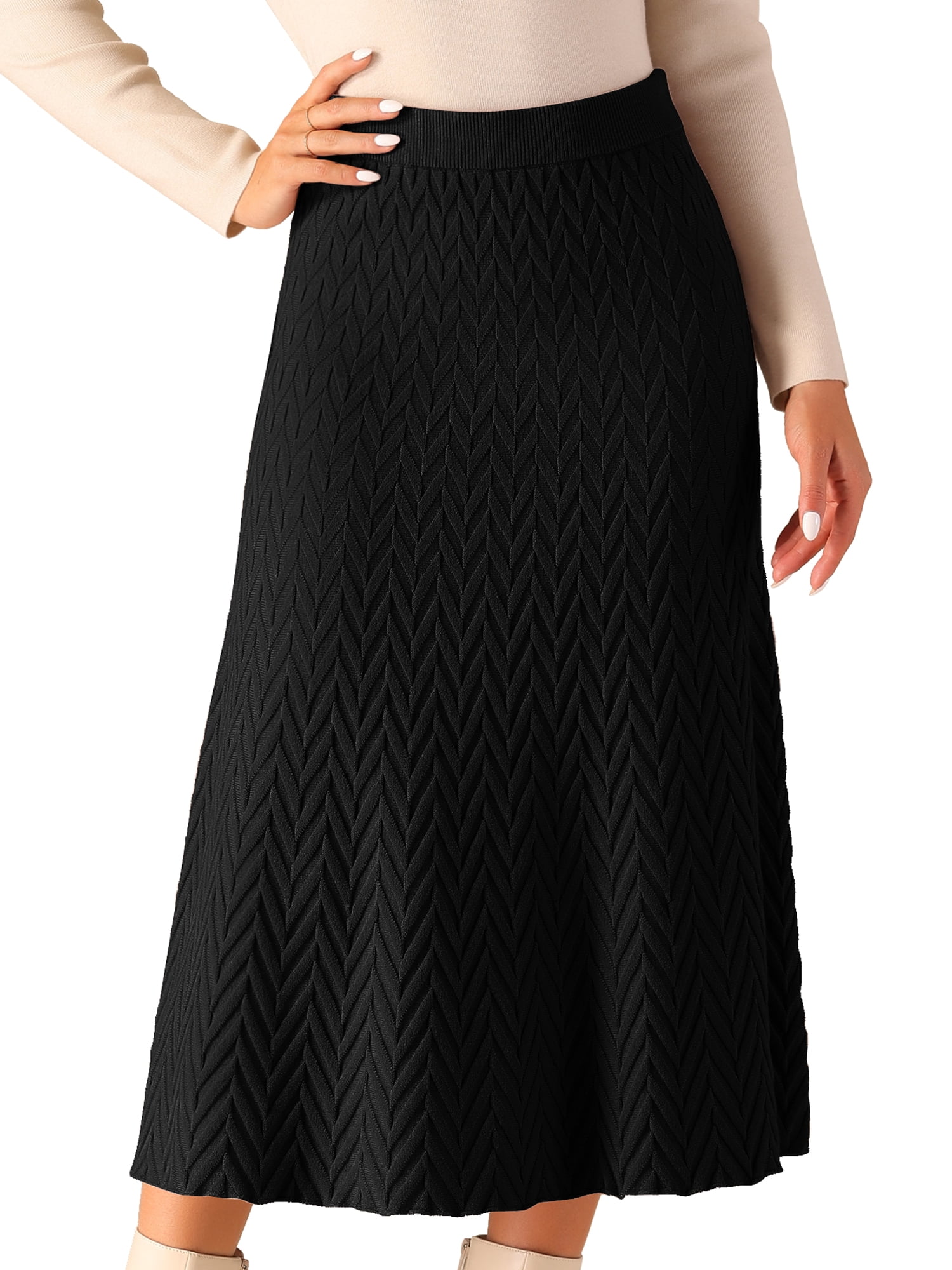 DARING DIVA Women's A-Line Skirts Stretchy Sweater Midi Skirt S Black