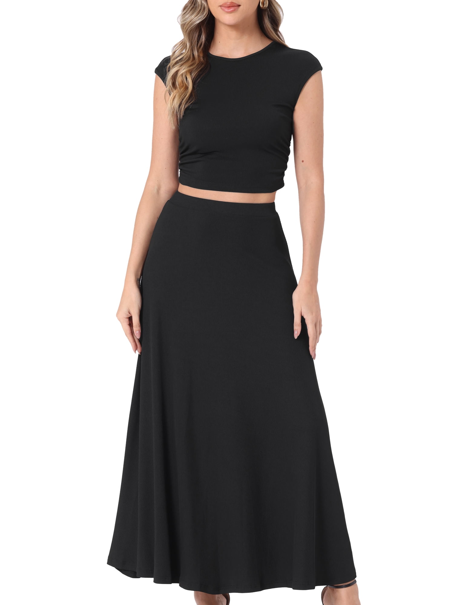 DARING DIVA Women's Ribbed Knit Cropped Top A-Line Midi Skirt Set L Black
