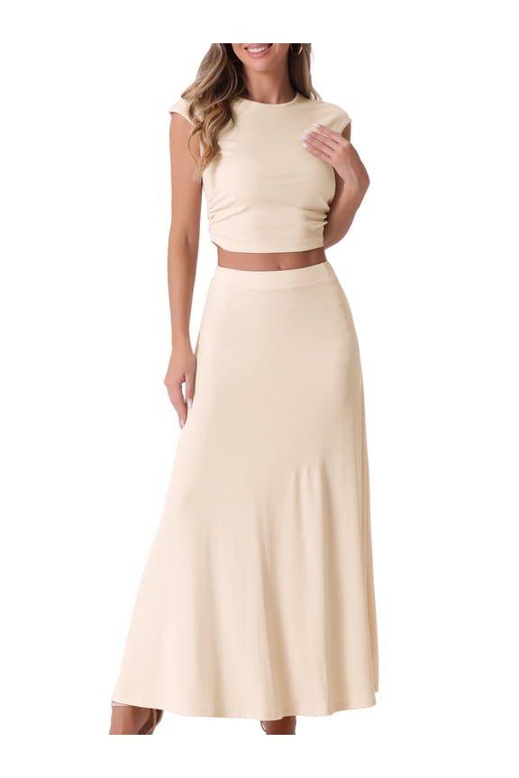 Women's Ribbed Knit Cropped Top A-Line Midi Skirt Set XL Beige