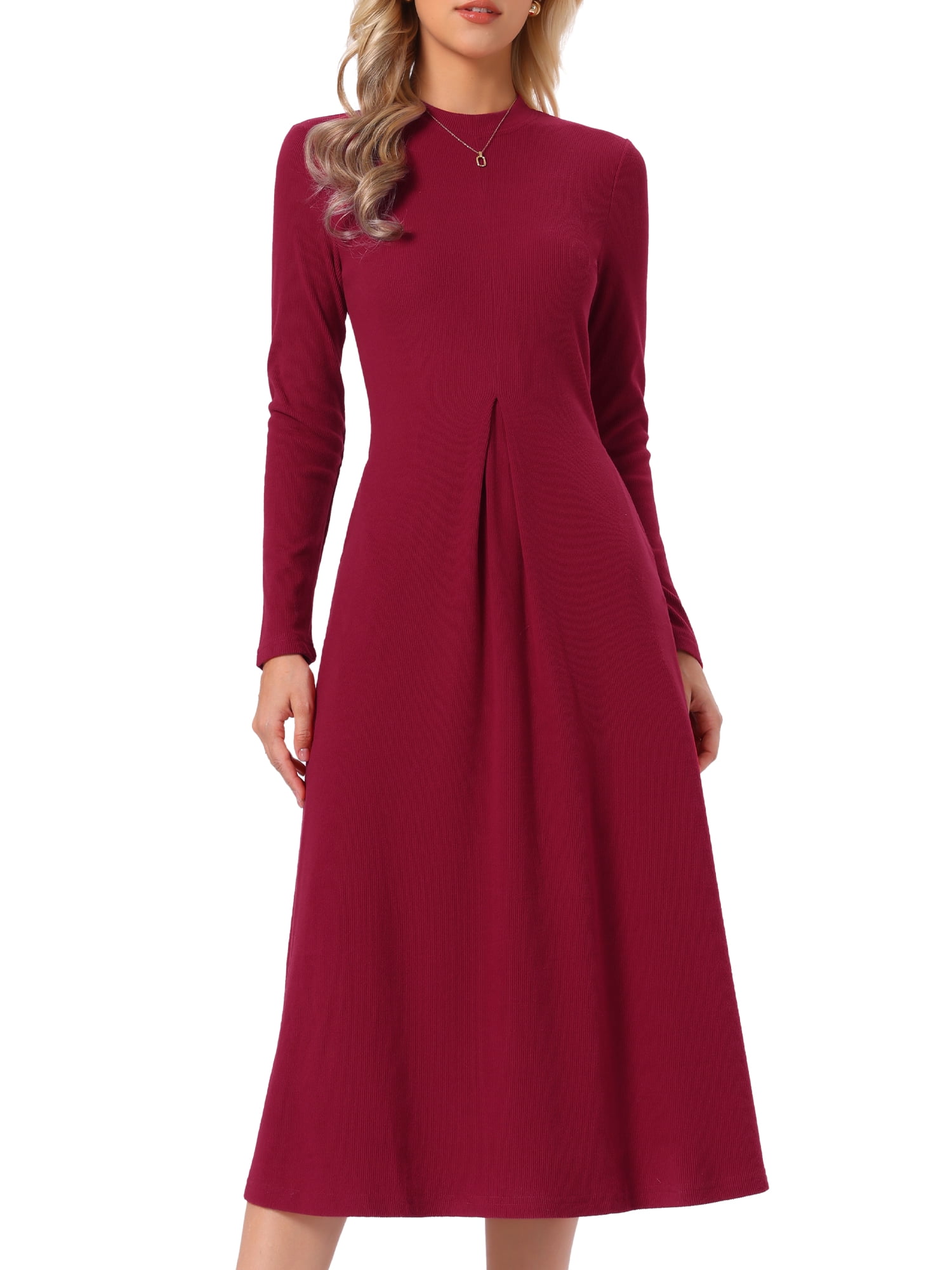 DARING DIVA Women's Ribbed Knit Long Sleeve Crew Neck with Pockets Dress L Burgundy