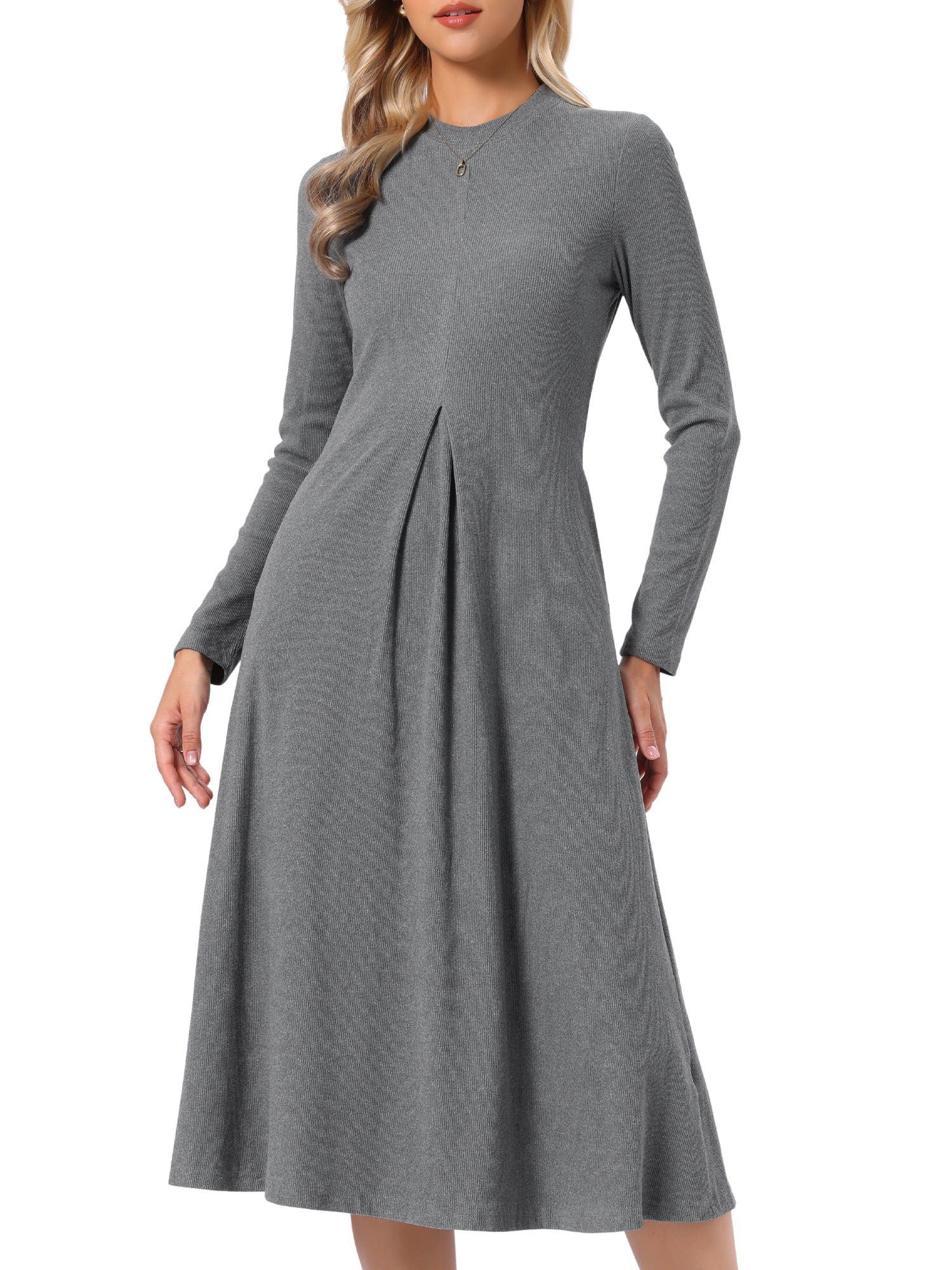 DARING DIVA Women's Ribbed Knit Long Sleeve Crew Neck with Pockets Dress S Gray