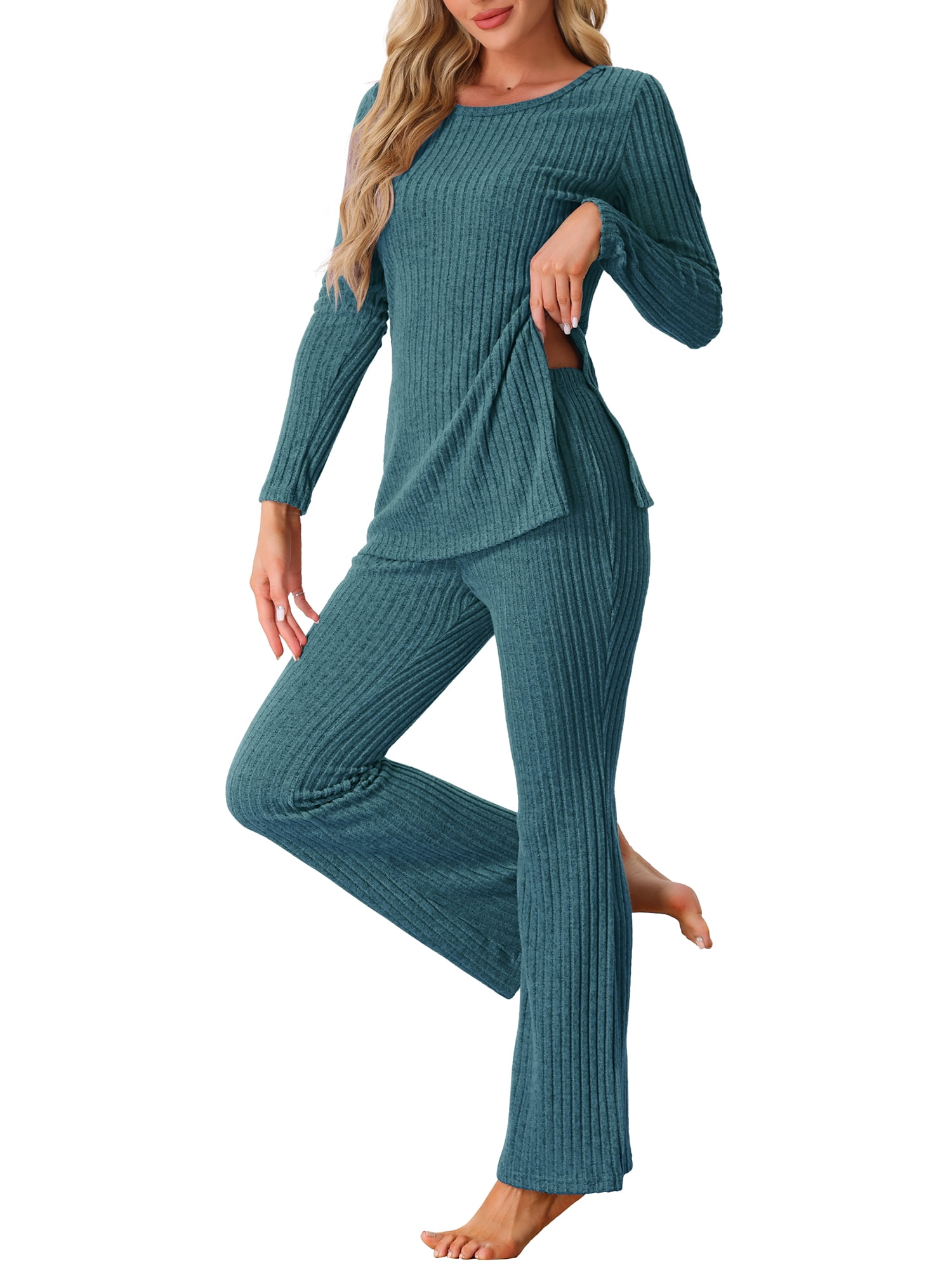 DARING DIVA Women's Ribbed Knit Lounge Set Pajama Sets Matching Outfits M Peacock Blue