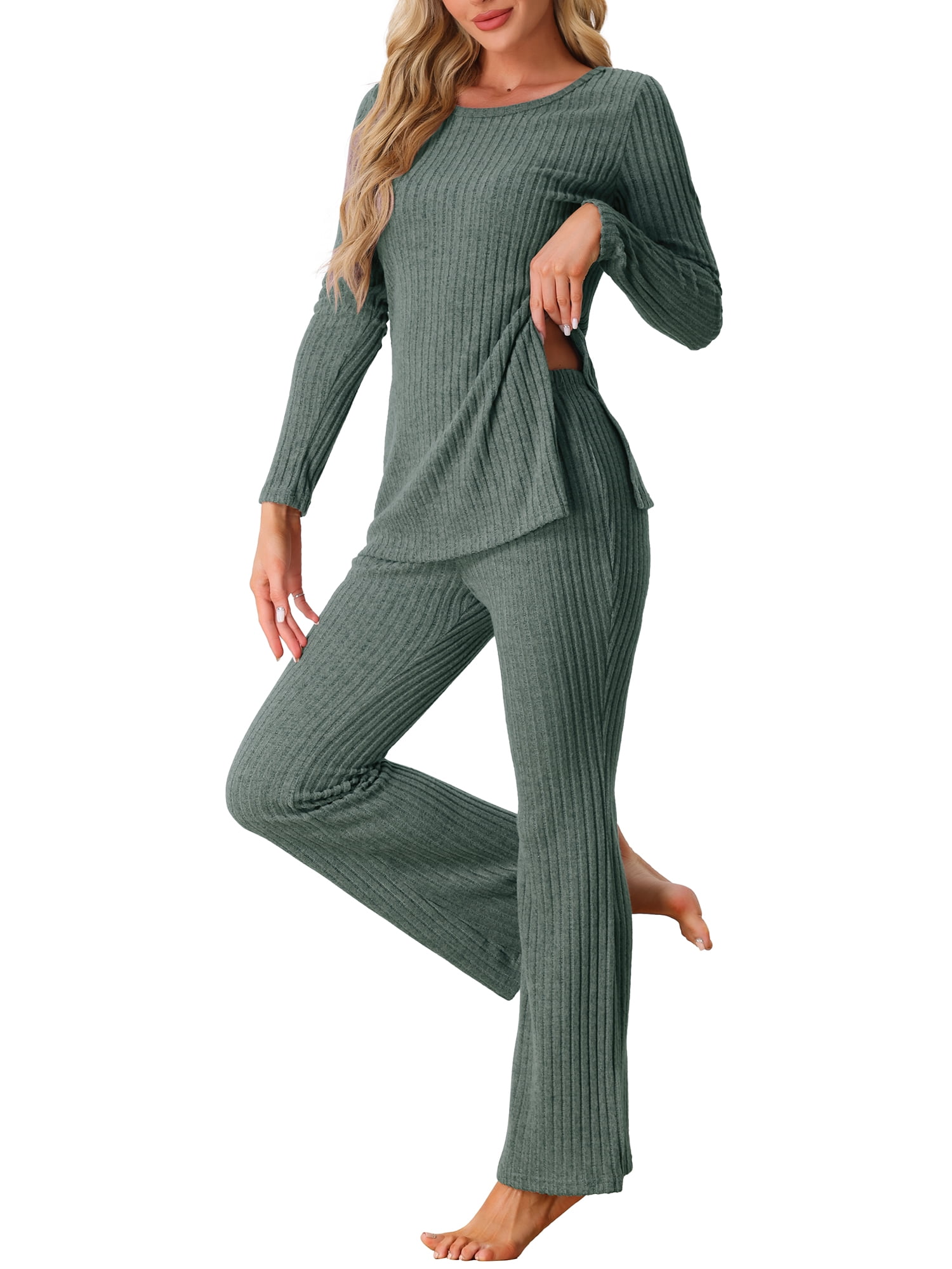 DARING DIVA Women's Ribbed Knit Lounge Set Pajama Sets Matching Outfits XL Army Green