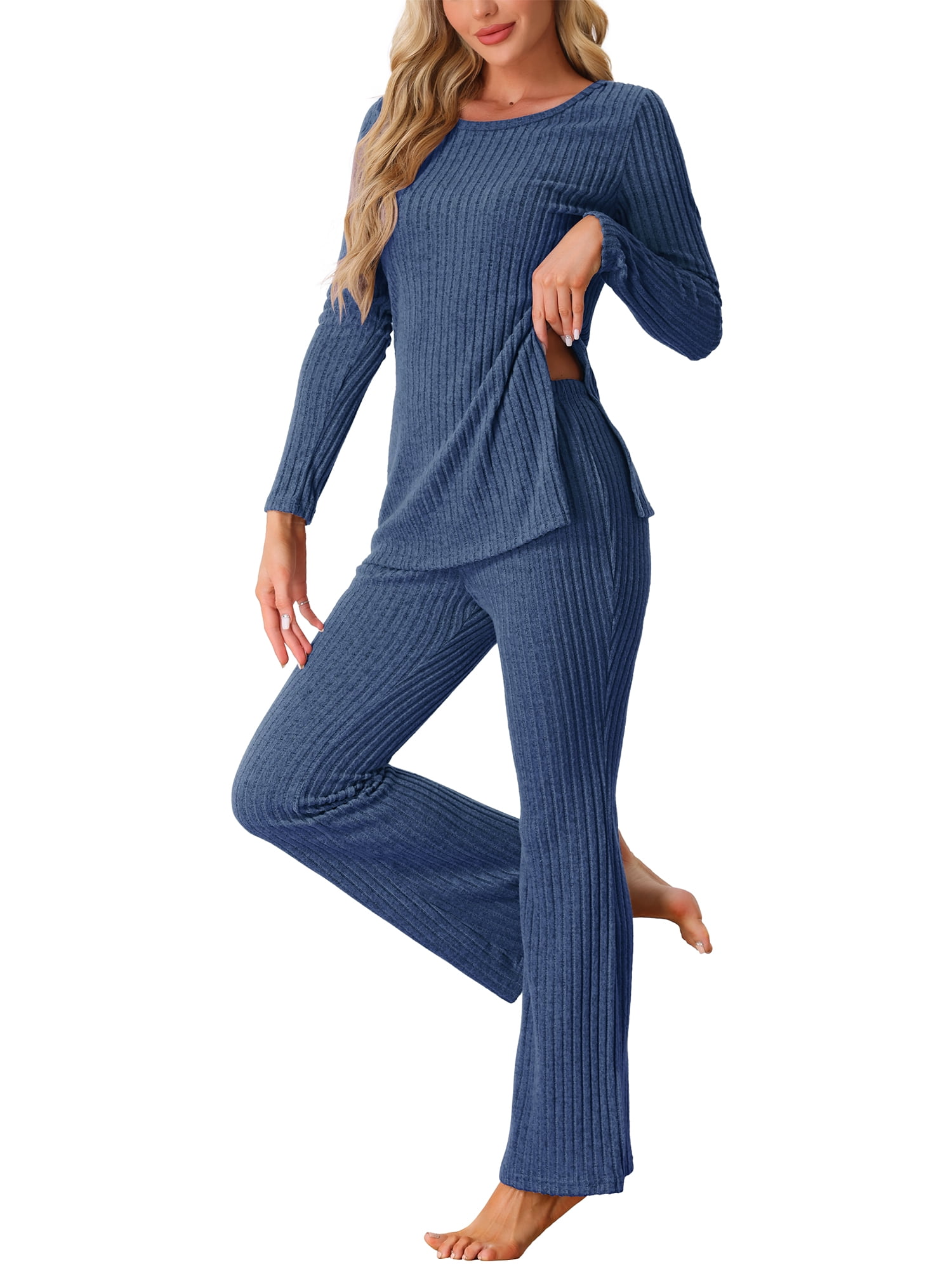 DARING DIVA Women's Ribbed Knit Lounge Set Pajama Sets Matching Outfits XL Navy Blue