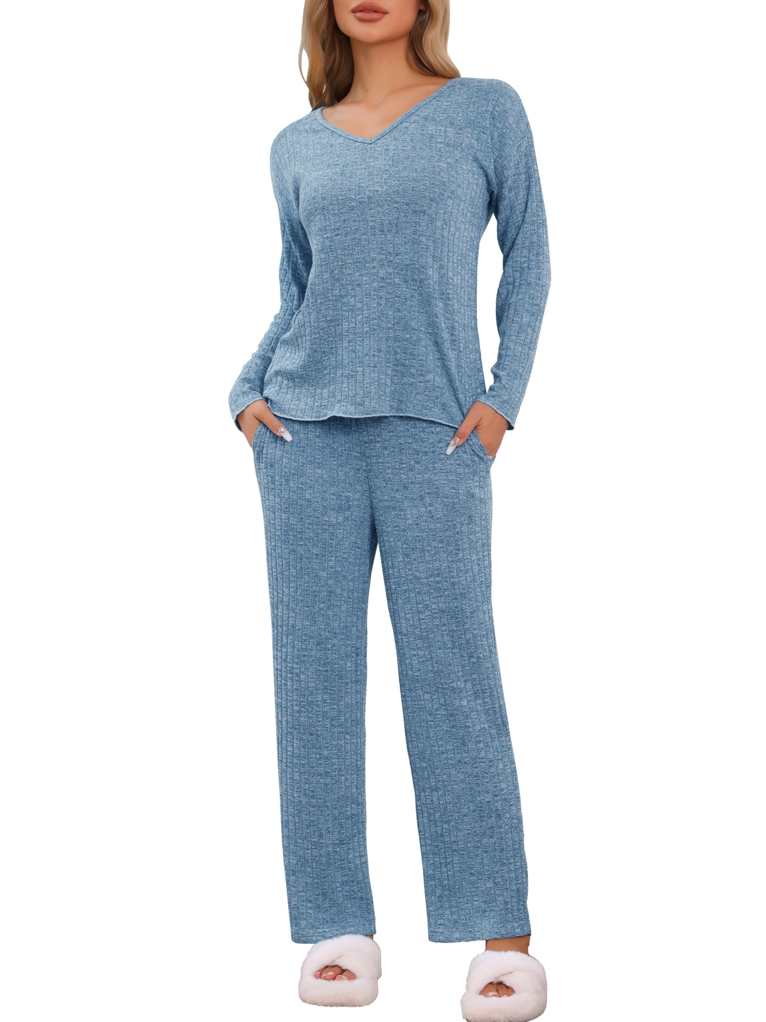 DARING DIVA Women's Ribbed Knit Lounge Sleepwear Long Sleeve Pants Pajama Set XS Blue