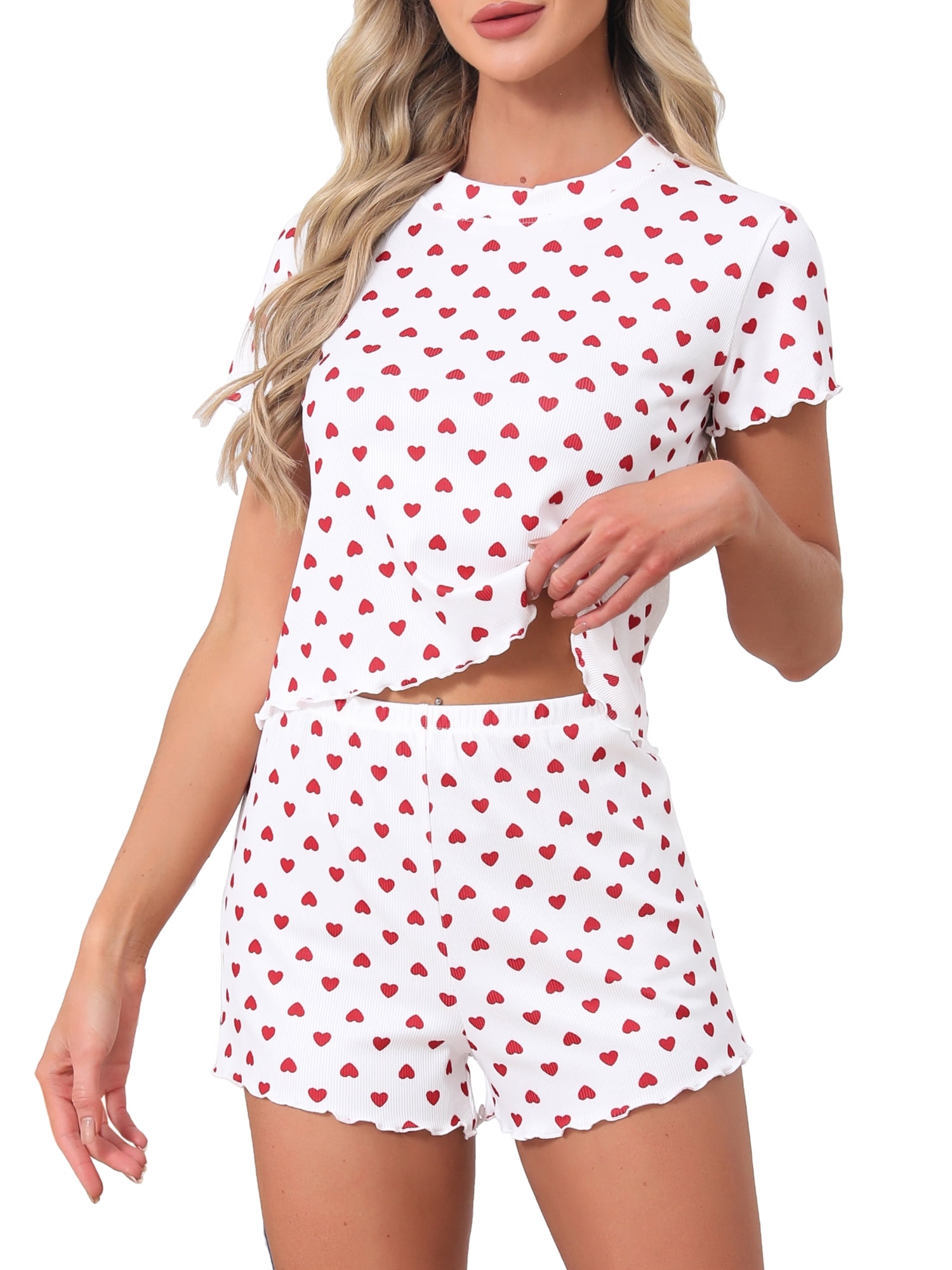 DARING DIVA Women's Ribbed Knit Pajamas Soft Stretchy O-Neck Short Sleeve Tops L Red