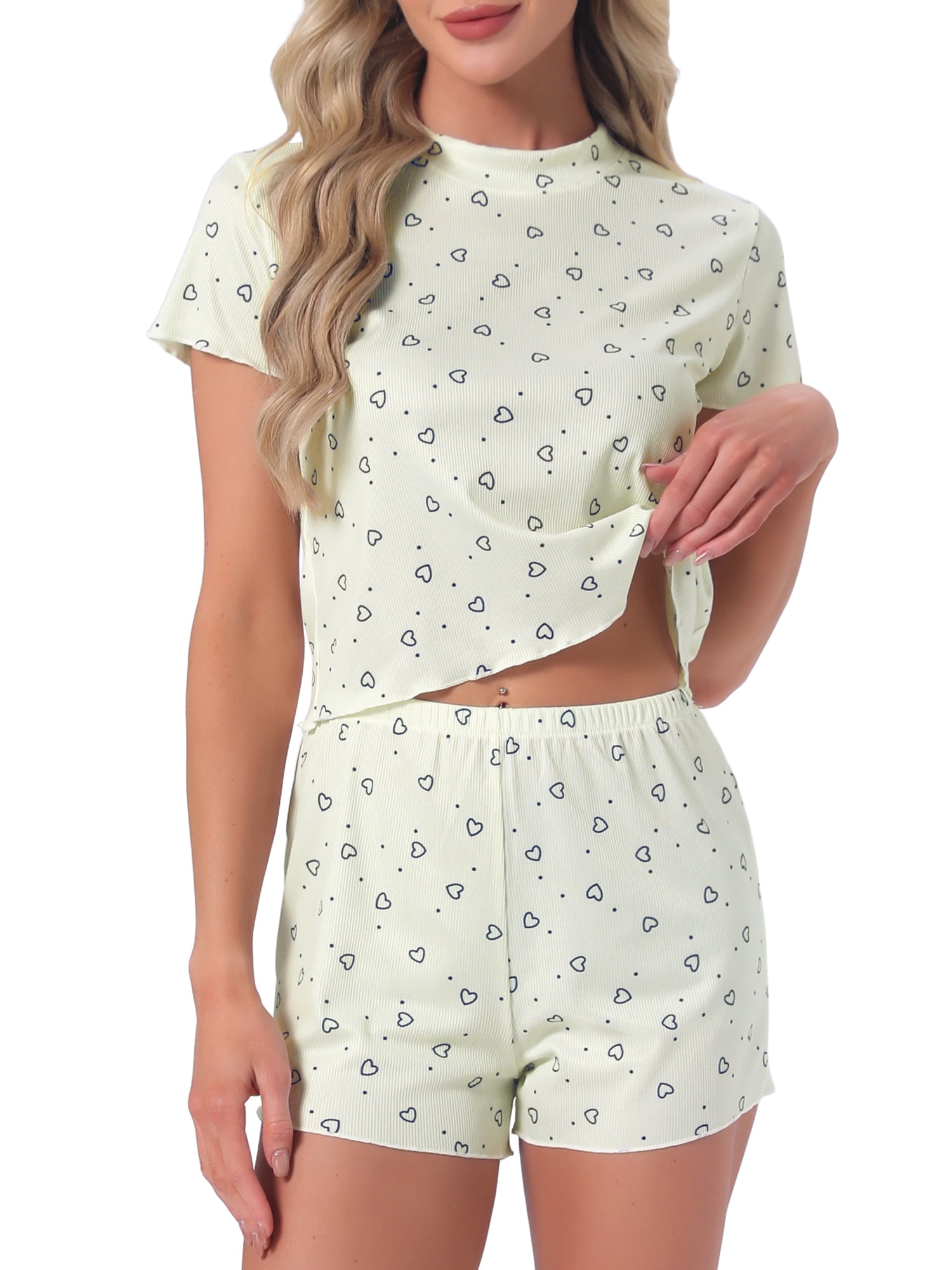 DARING DIVA Women's Ribbed Knit Pajamas Soft Stretchy O-Neck Short Sleeve Tops XL Beige