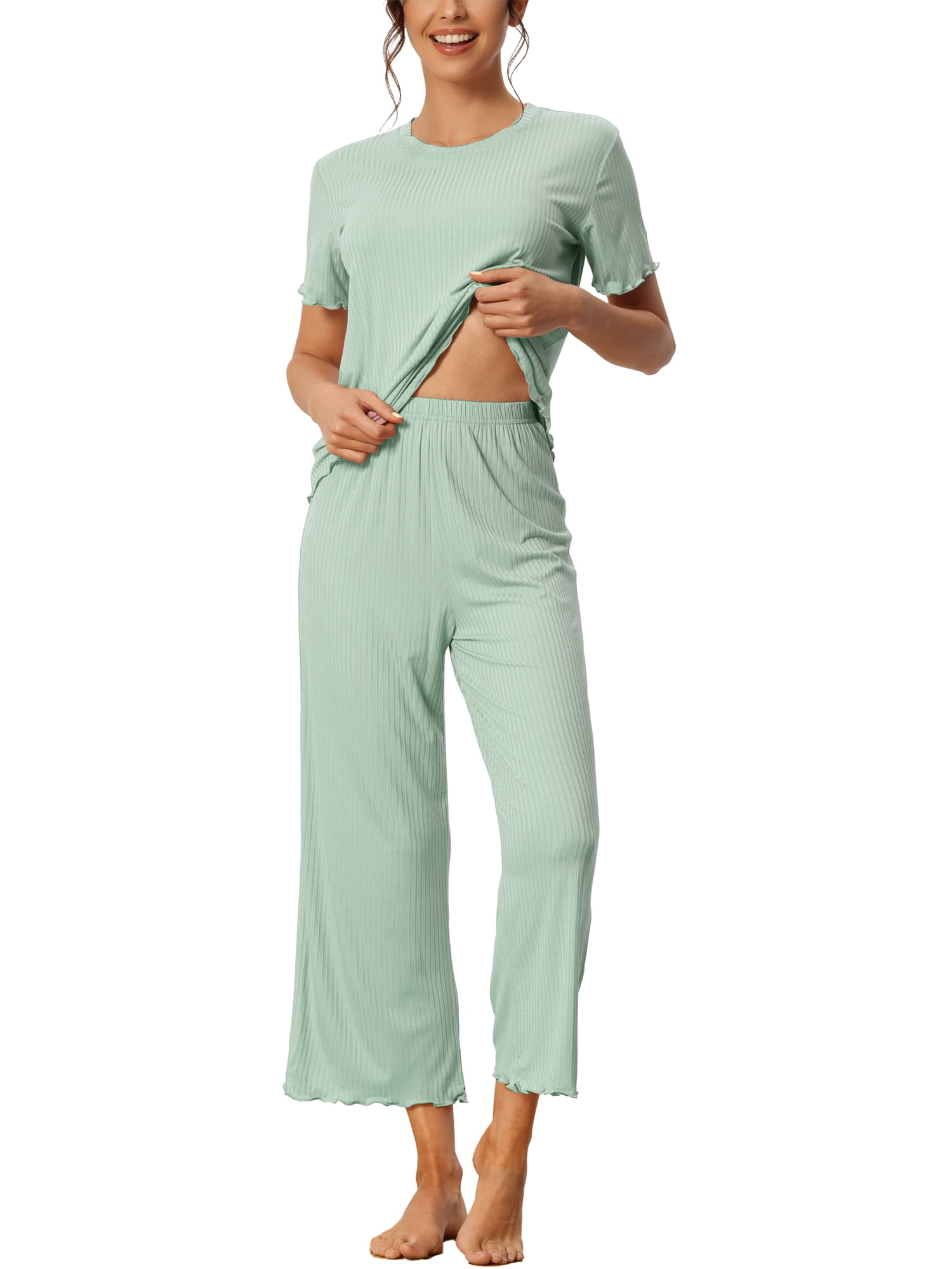 DARING DIVA Women's Ribbed Knit Round Neck Short Sleeve Pajamas Set 2XL Green