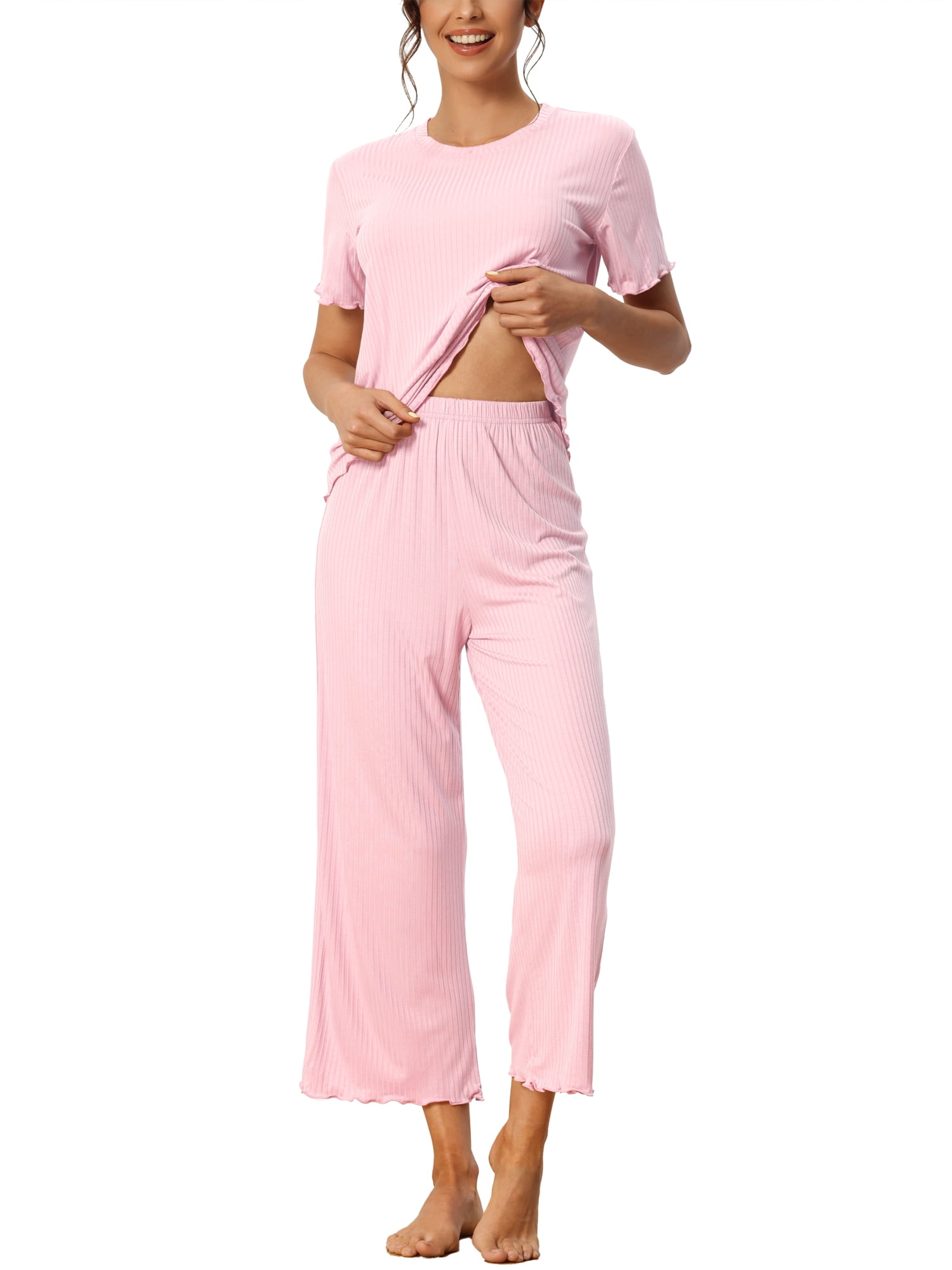 DARING DIVA Women's Ribbed Knit Round Neck Short Sleeve Pajamas Set 2XL Light Pink