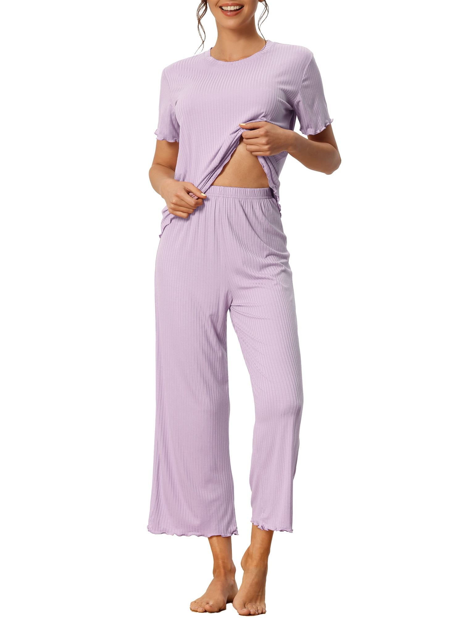 DARING DIVA Women's Ribbed Knit Round Neck Short Sleeve Pajamas Set 2XL Purple