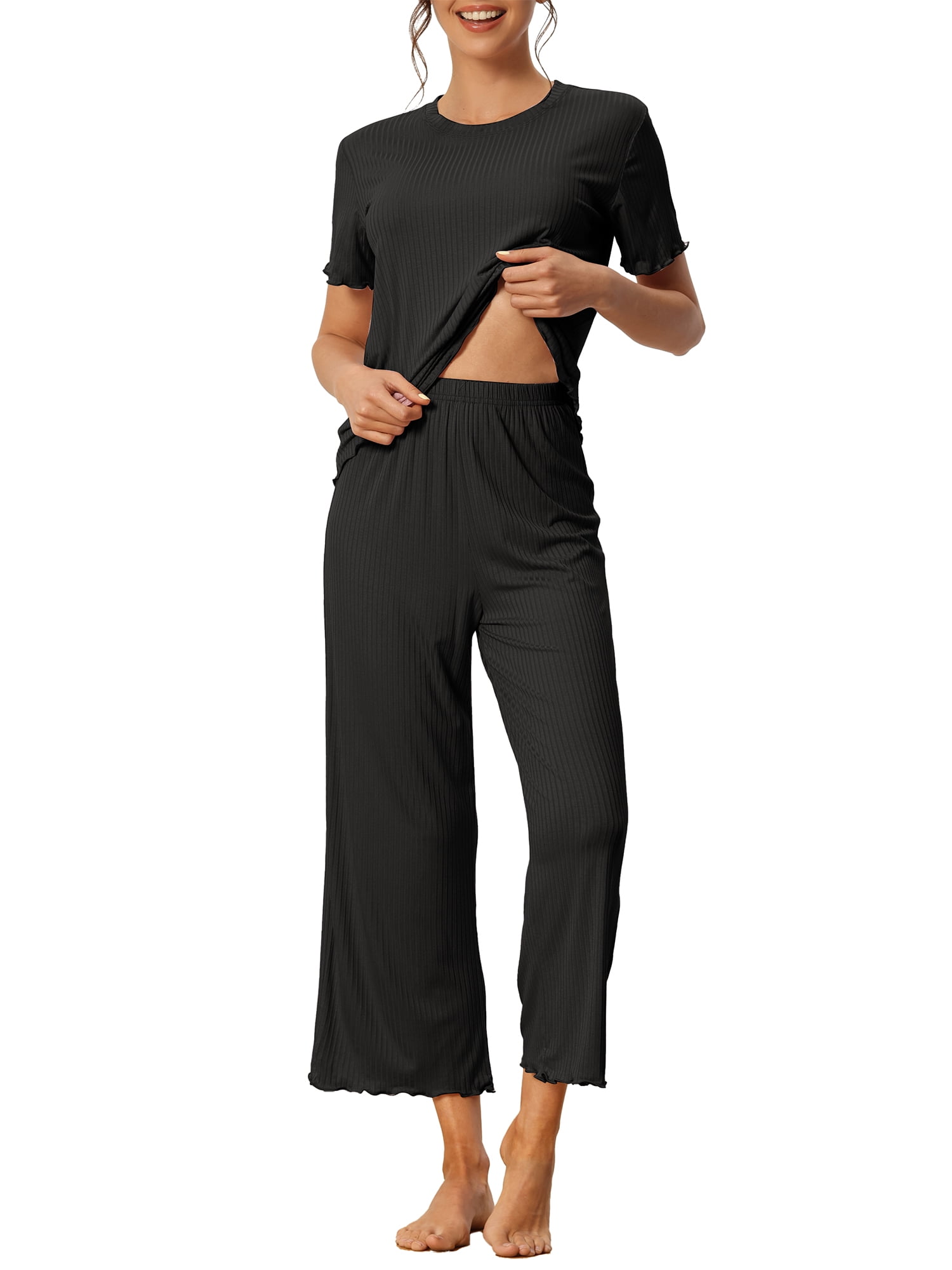 DARING DIVA Women's Ribbed Knit Round Neck Short Sleeve Pajamas Set M Black