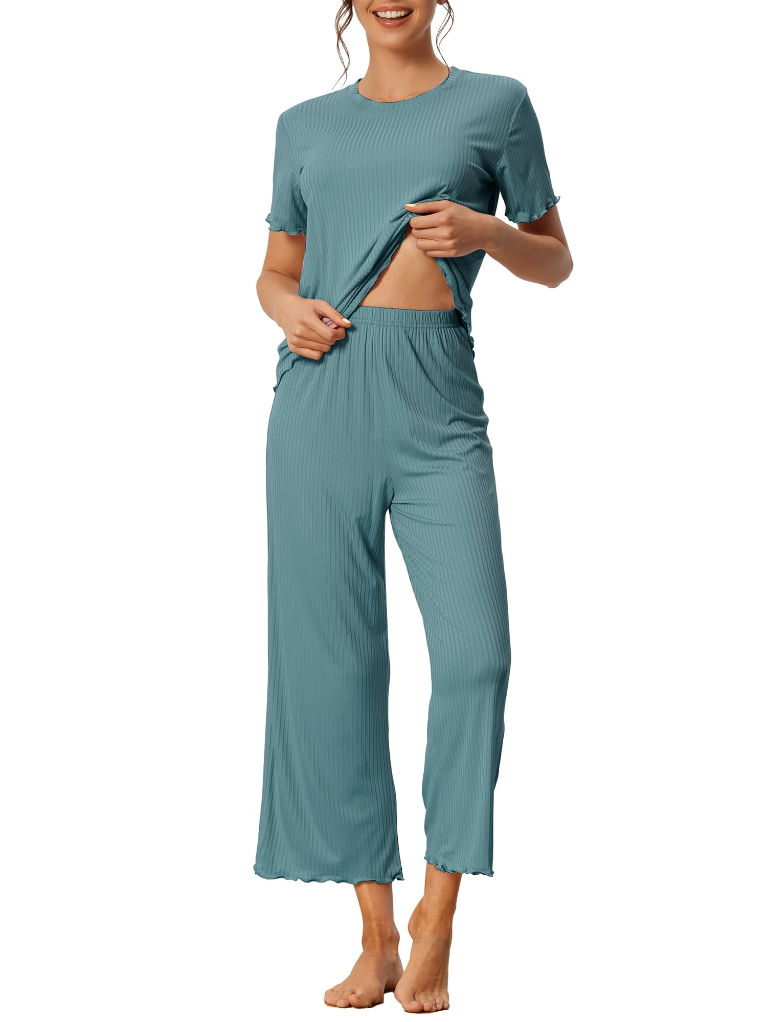 DARING DIVA Women's Ribbed Knit Round Neck Short Sleeve Pajamas Set M Lake Blue