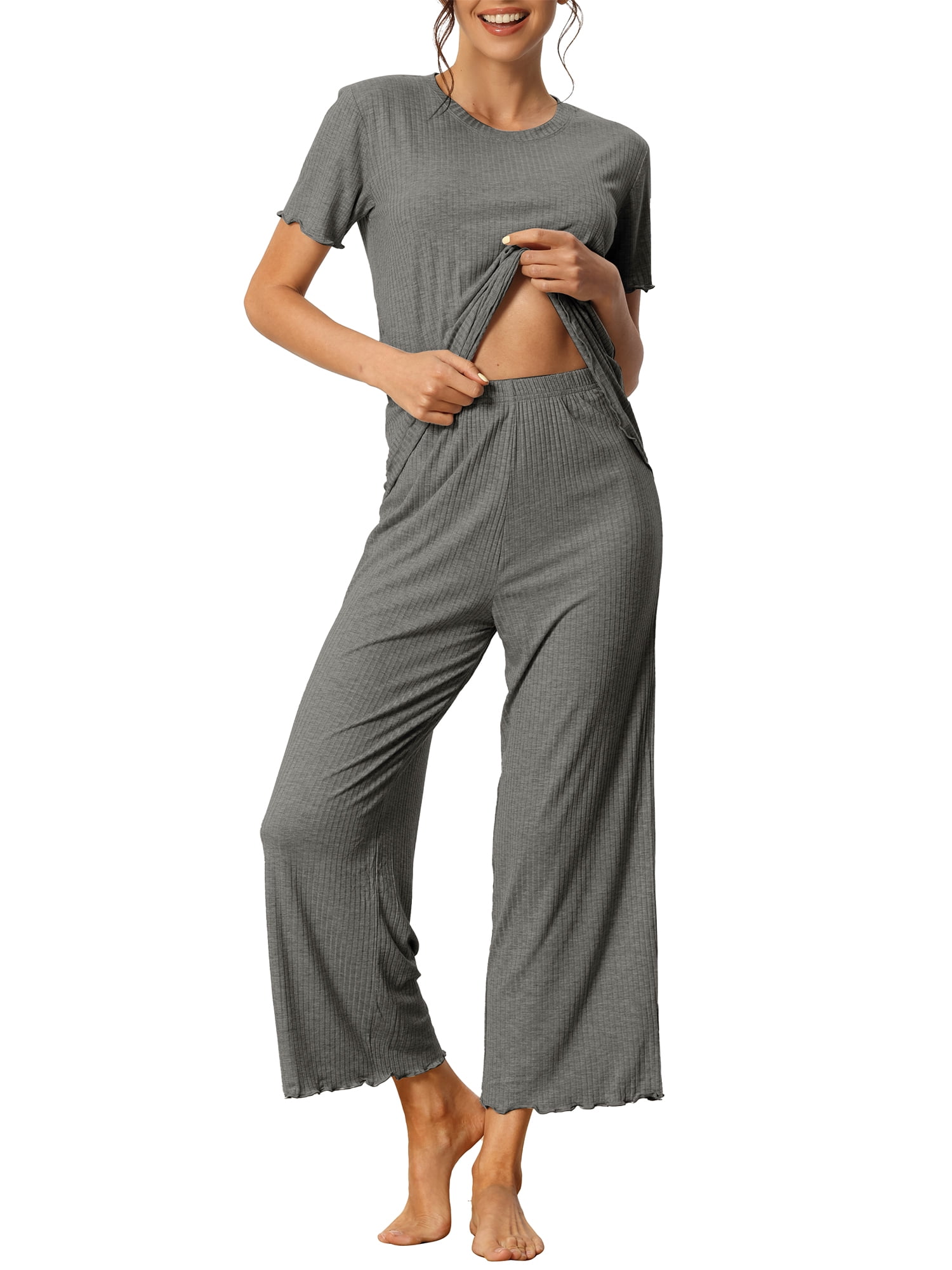 DARING DIVA Women's Ribbed Knit Round Neck Short Sleeve Pajamas Set S Dark Grey