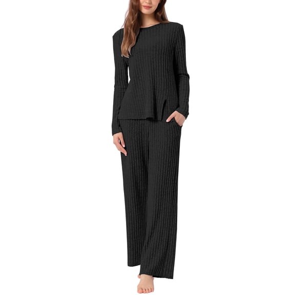 DARING DIVA Women's Ribbed Knit Soft Long Sleeve Pajama Sets M Black
