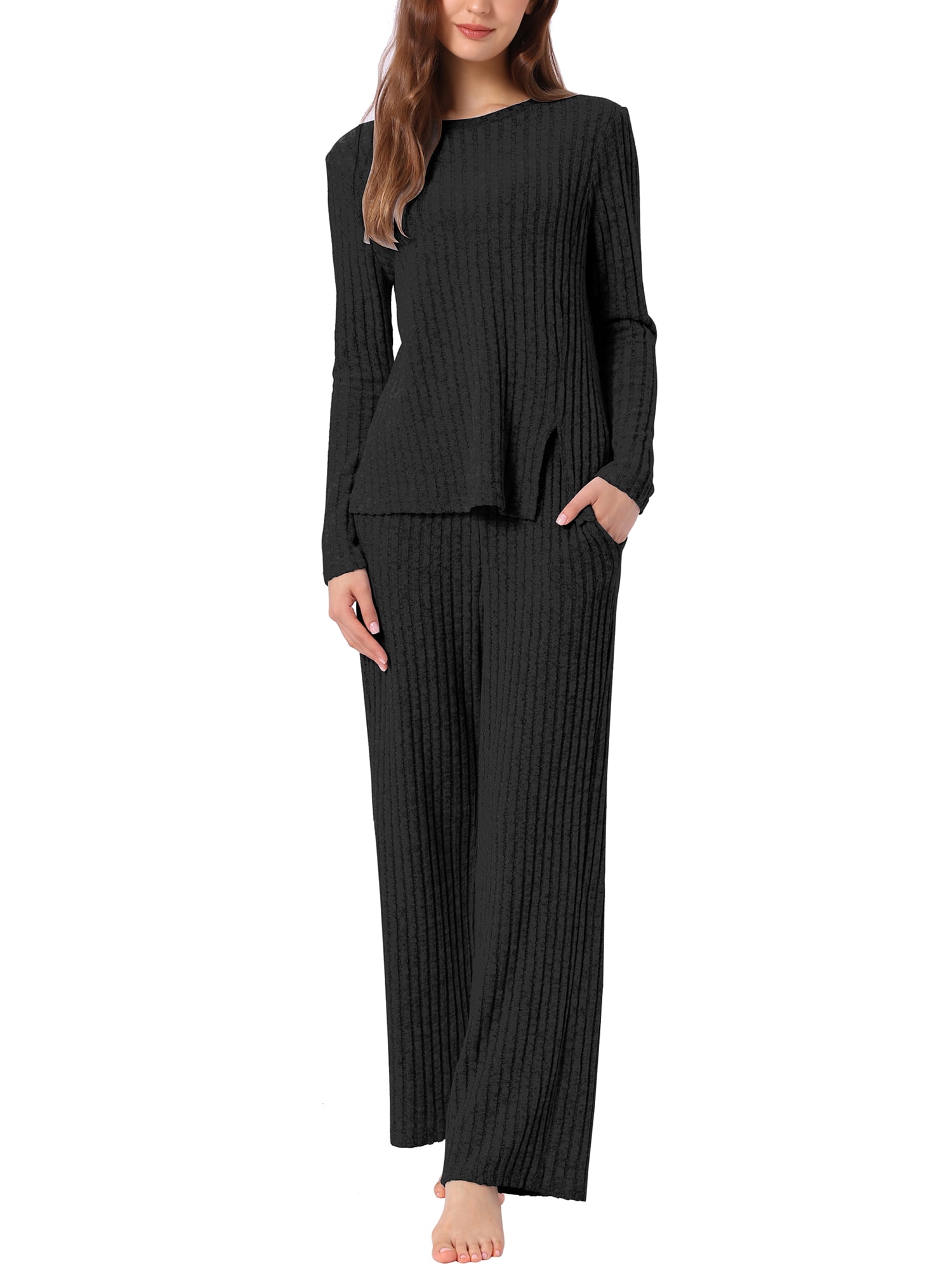 DARING DIVA Women's Knit Long Sleeve Ribbed Sleepwear Soft Crewneck Sets XL Black