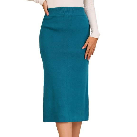 DARING DIVA Women's Ribbed Knit Stretchy Slit Midi Skirt L Peacock Blue