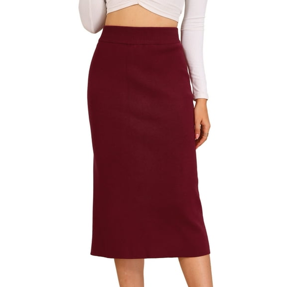 DARING DIVA Women's Ribbed Knit Stretchy Slit Midi Skirt M Claret