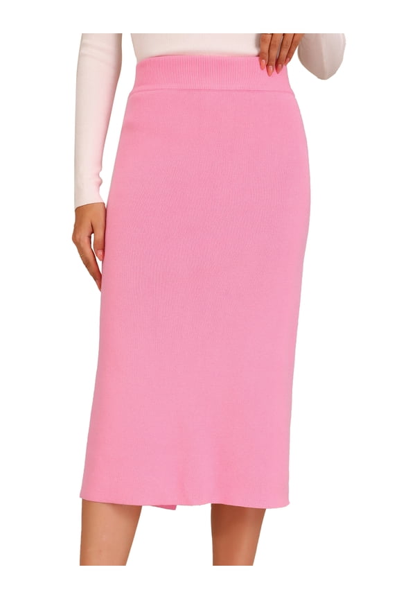 Women's Ribbed Knit Stretchy Slit Midi Skirt M Pink