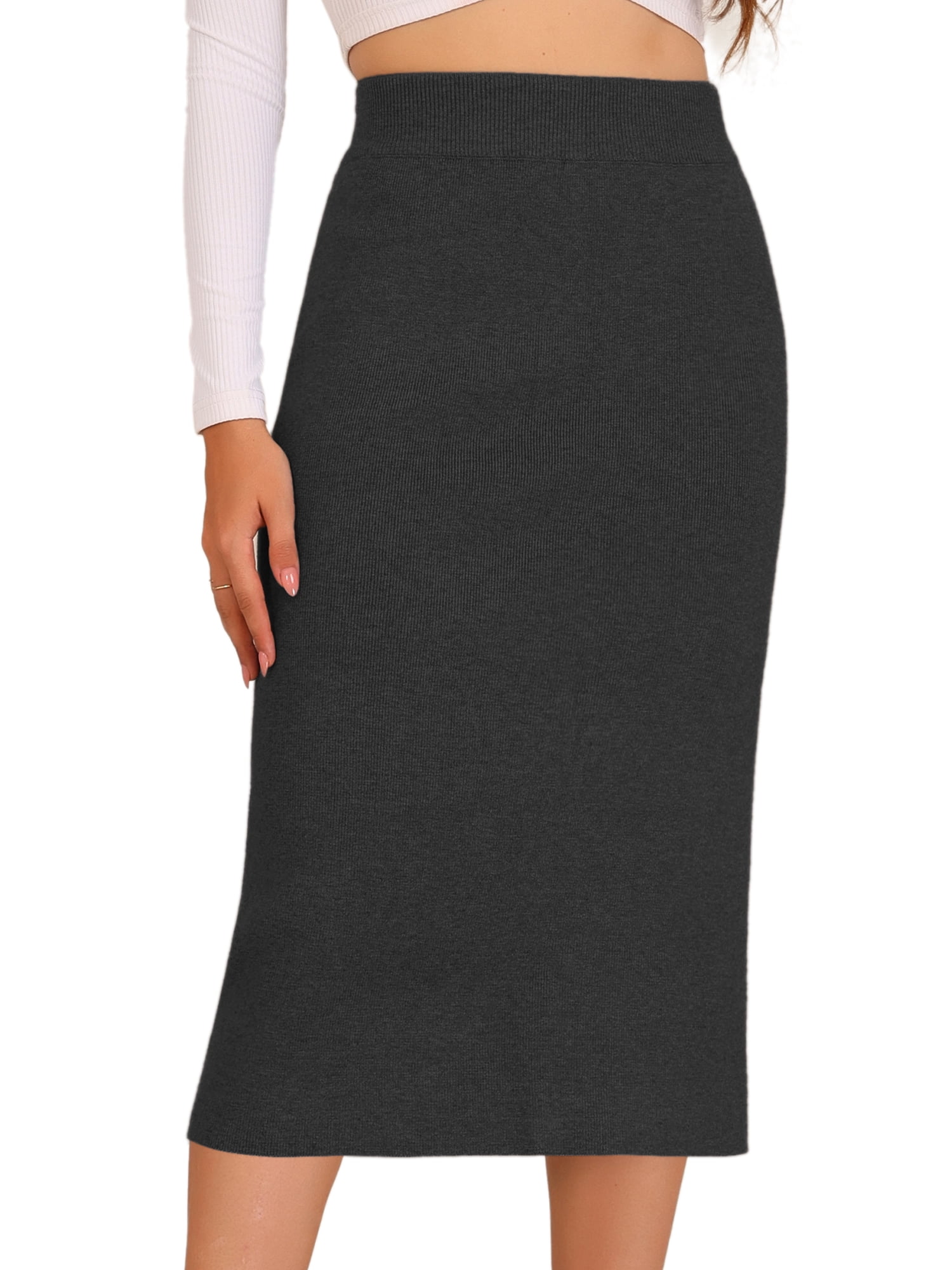 DARING DIVA Women's Ribbed Knit Stretchy Slit Midi Skirt S Dark Gray