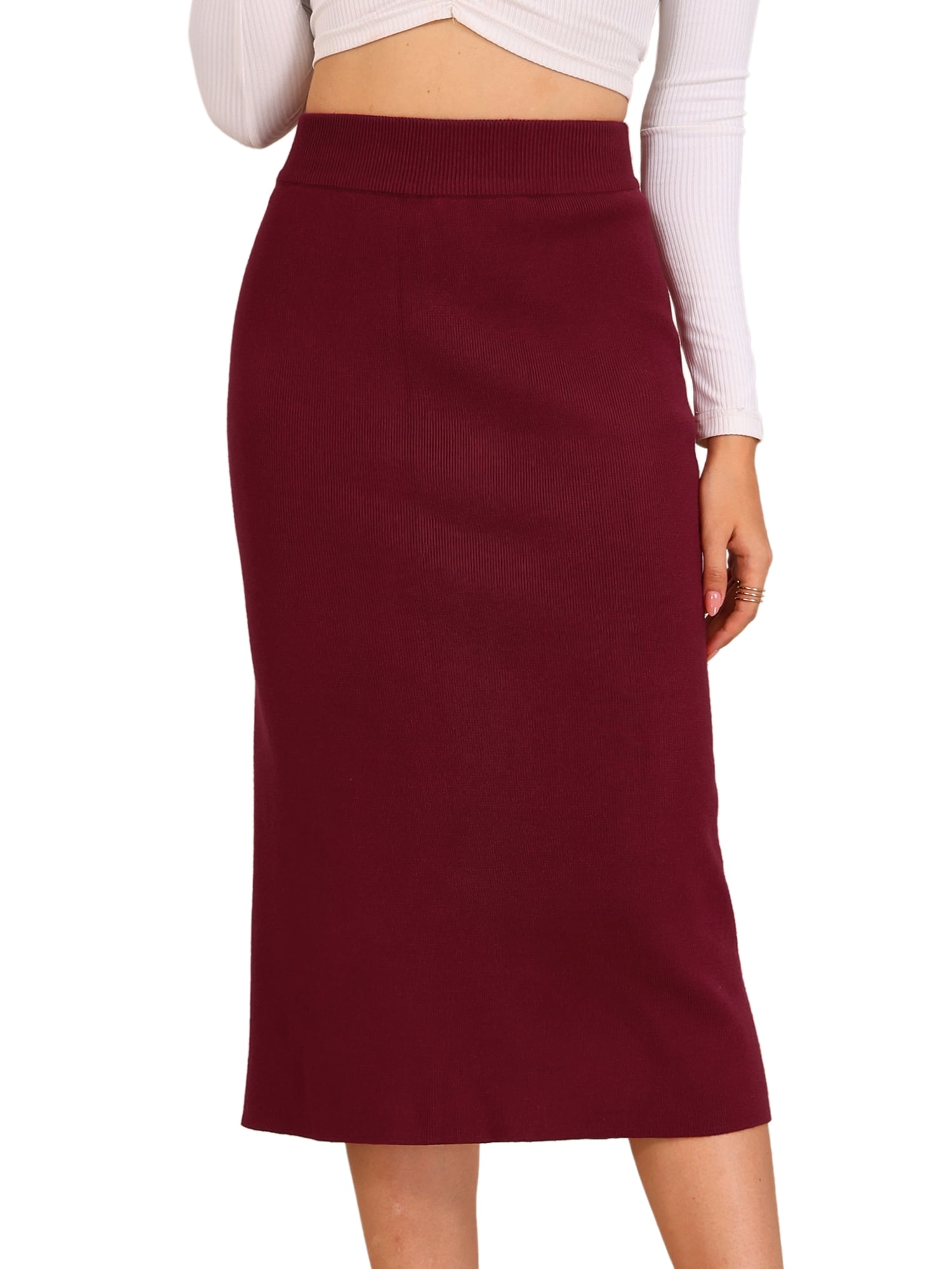 DARING DIVA Women's Ribbed Knit Stretchy Slit Midi Skirt XS Claret