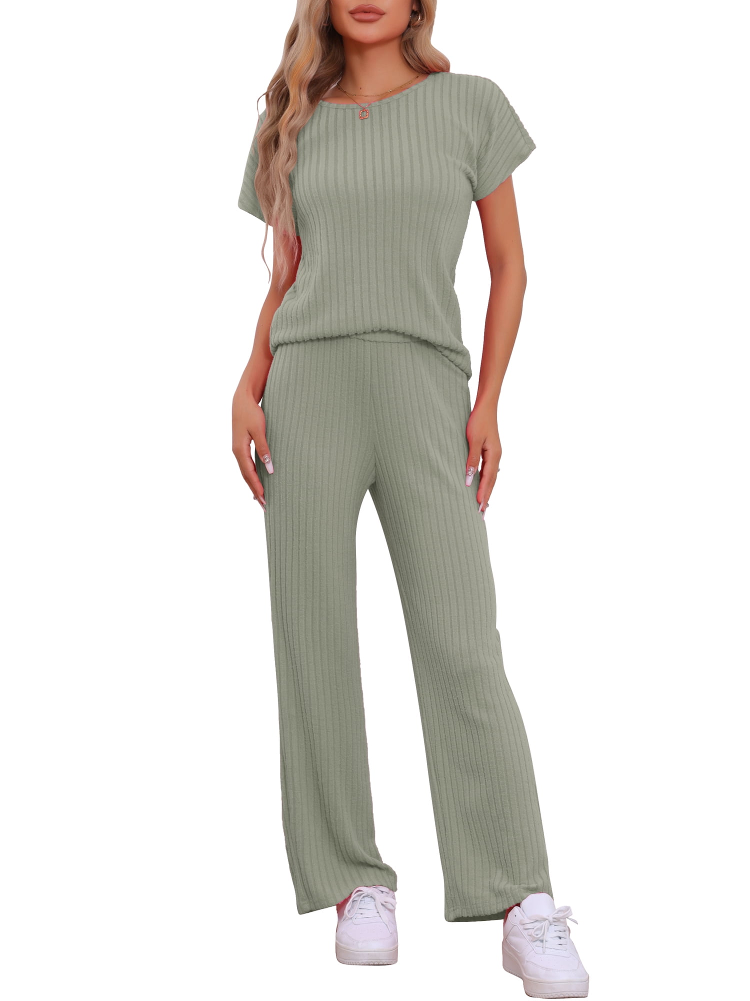 DARING DIVA Women's Ribbed Knit Sweater Pullover Pajama Set M Green