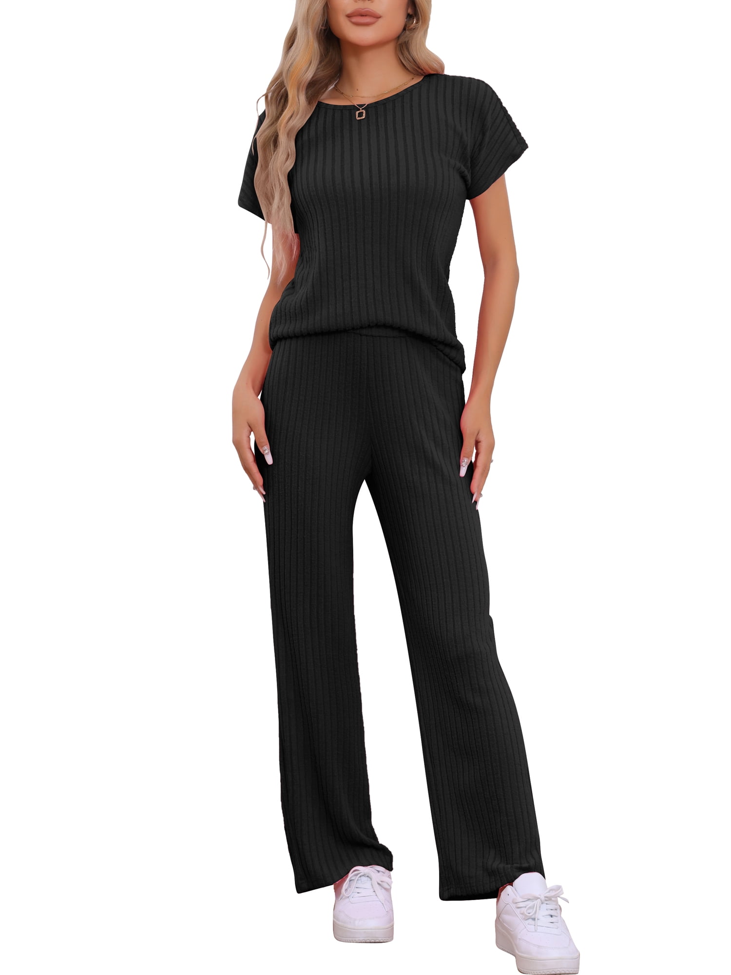 DARING DIVA Women's Ribbed Knit Sweater Pullover Pajama Set XL Black