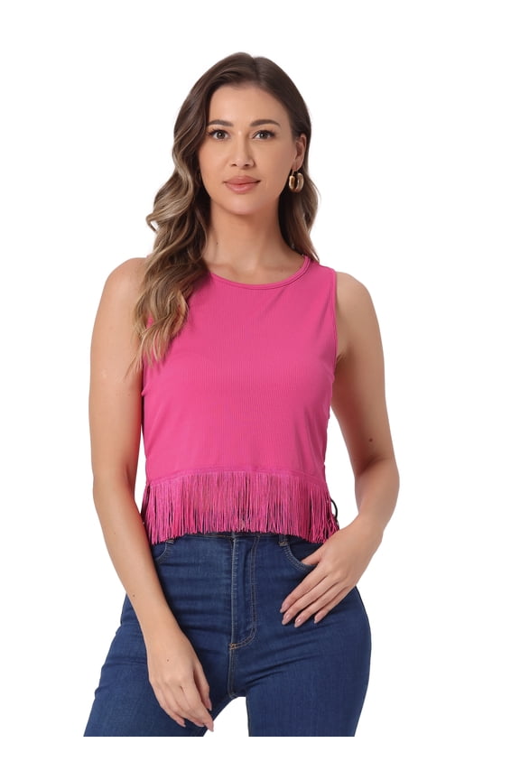 Women's Ribbed Knit Tank Crew Neck Crop Tassel Trim Vest XS Hot Pink